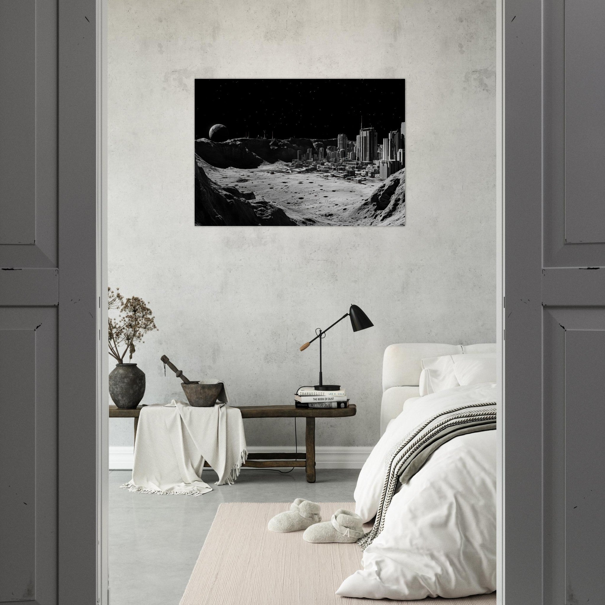 Aluminum Print Landscape - Crater City on a Dead Moon A sprawling city built - Shop Ai Art WebShop - Digital Art online Store