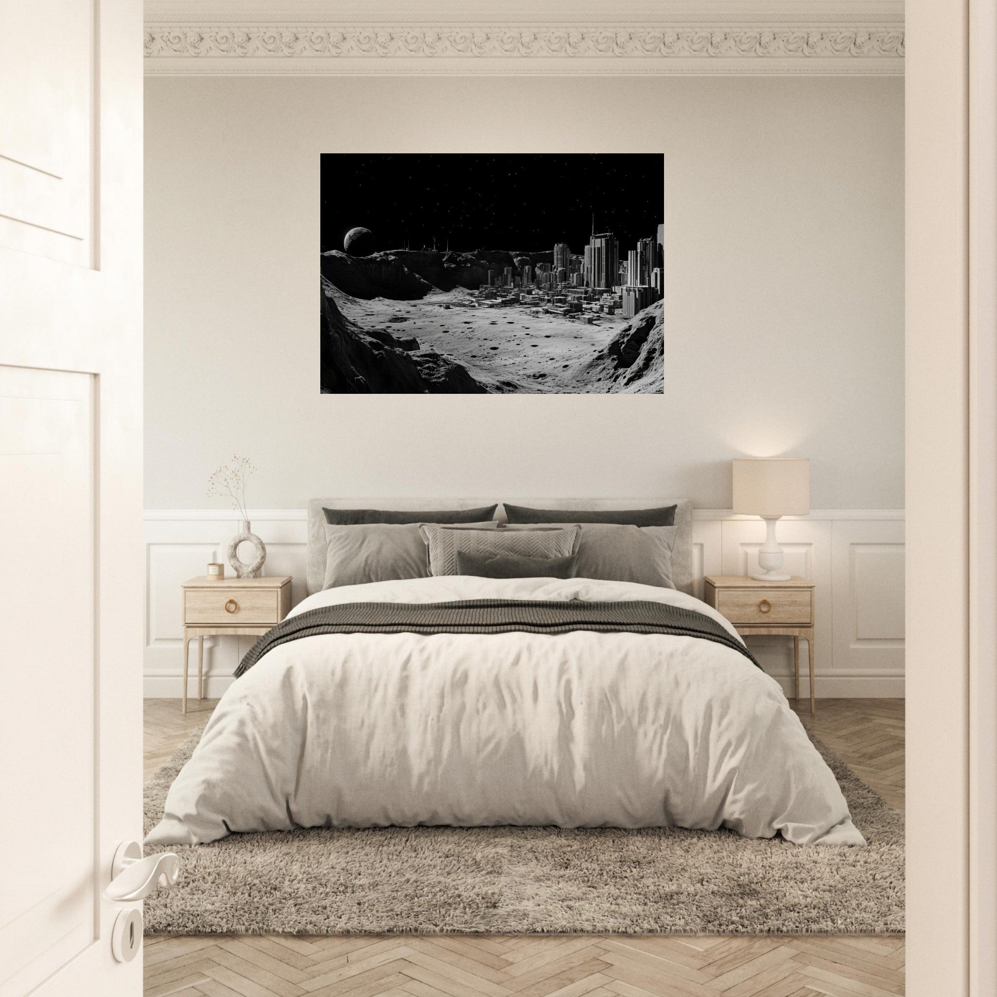 Aluminum Print Landscape - Crater City on a Dead Moon A sprawling city built - Shop Ai Art WebShop - Digital Art online Store