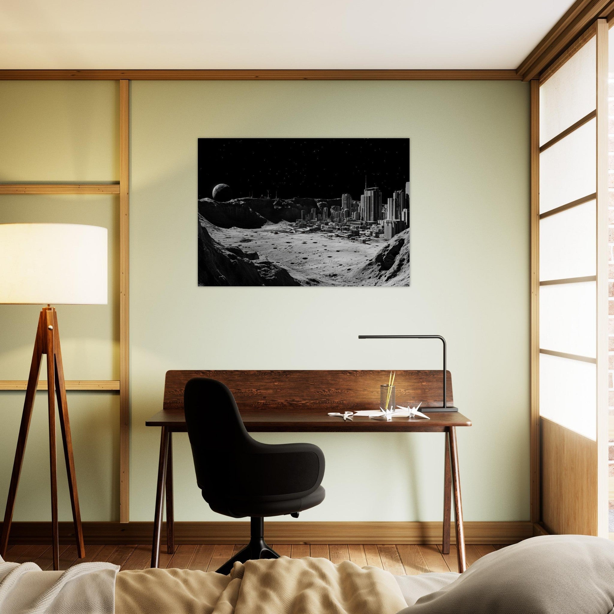 Aluminum Print Landscape - Crater City on a Dead Moon A sprawling city built - Shop Ai Art WebShop - Digital Art online Store