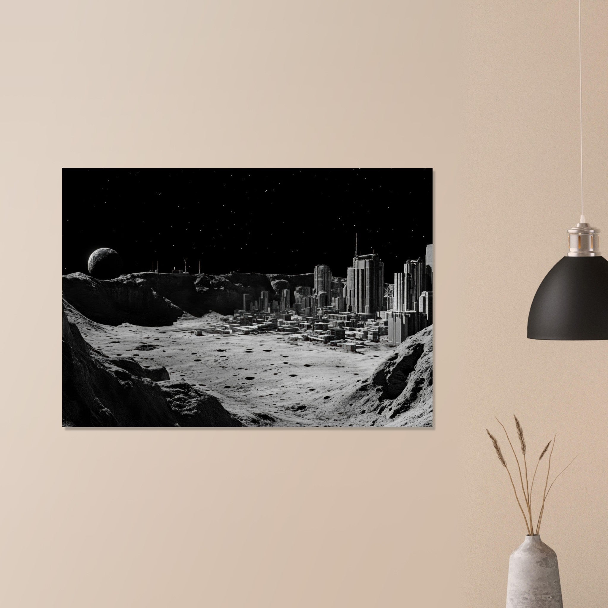 Aluminum Print Landscape - Crater City on a Dead Moon A sprawling city built - Shop Ai Art WebShop - Digital Art online Store