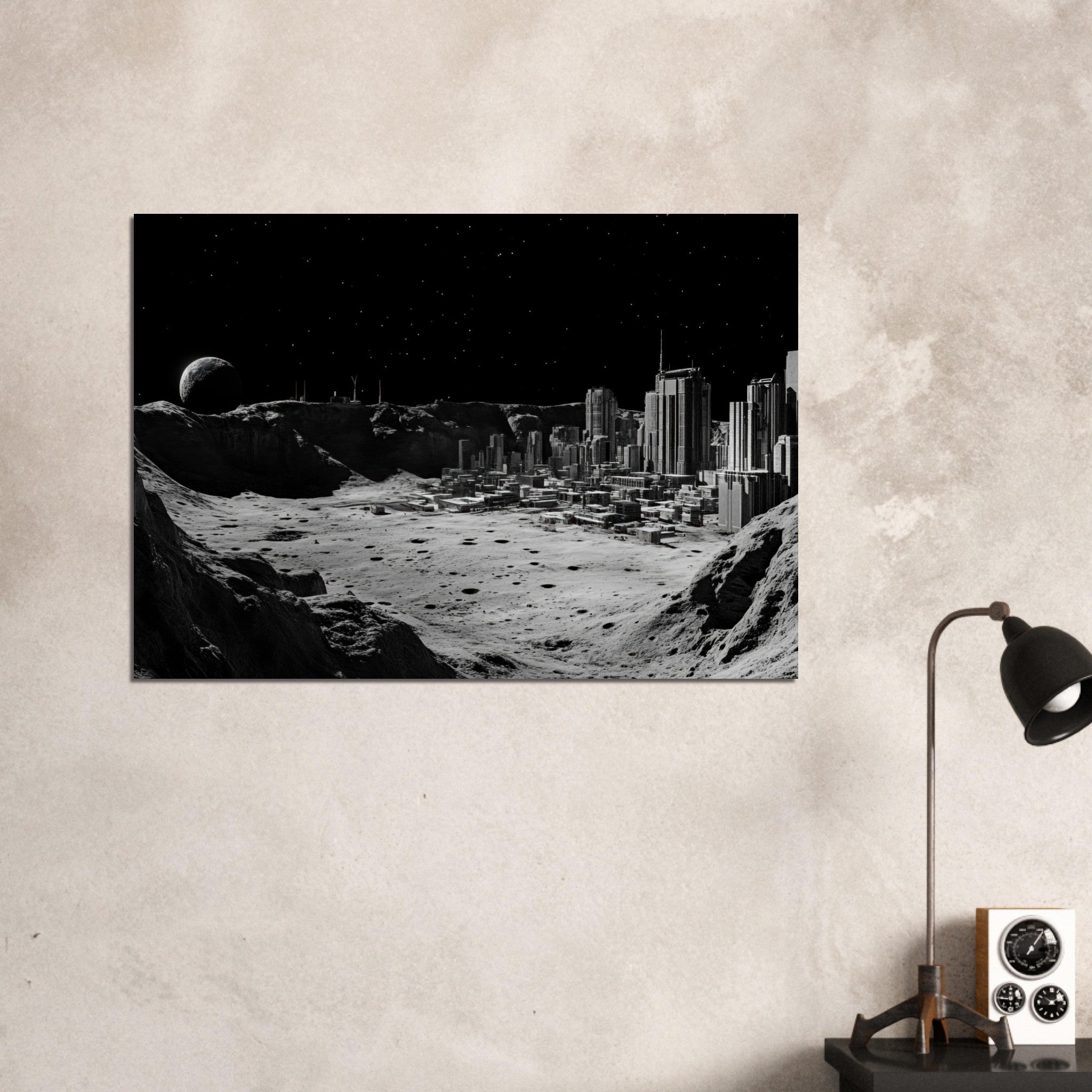 Aluminum Print Landscape - Crater City on a Dead Moon A sprawling city built - Shop Ai Art WebShop - Digital Art online Store