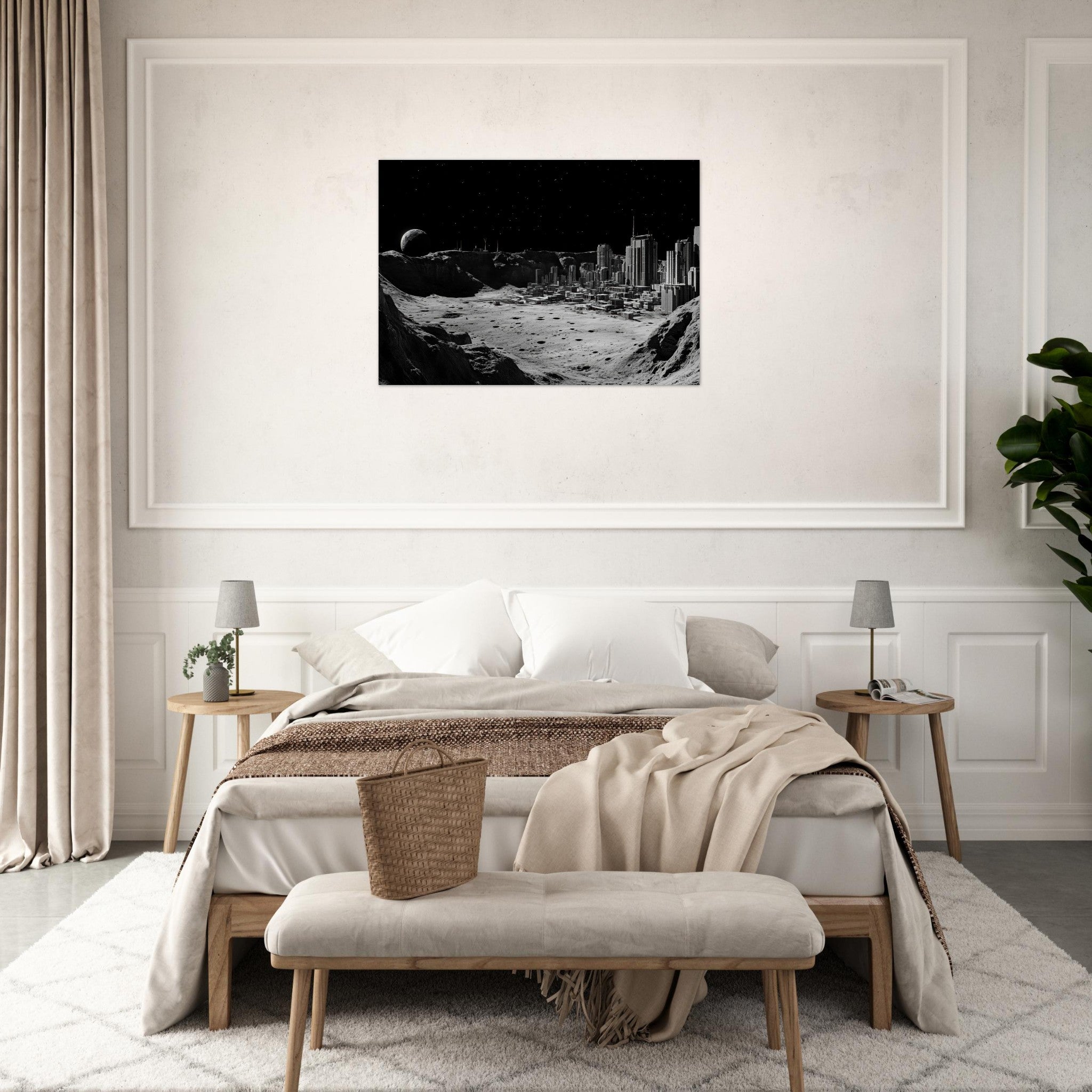 Aluminum Print Landscape - Crater City on a Dead Moon A sprawling city built - Shop Ai Art WebShop - Digital Art online Store