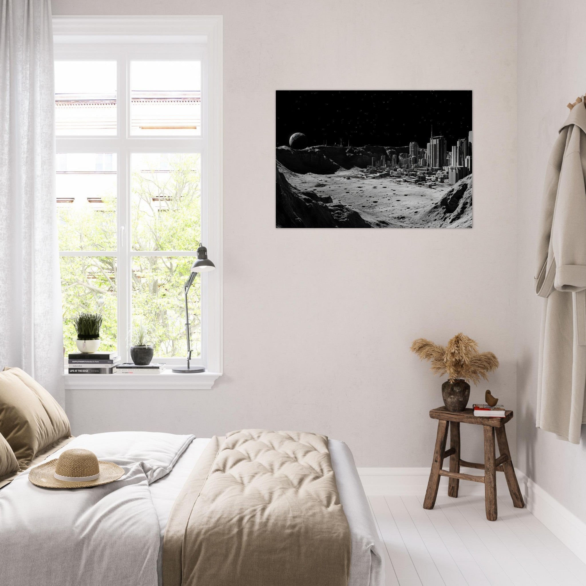 Aluminum Print Landscape - Crater City on a Dead Moon A sprawling city built - Shop Ai Art WebShop - Digital Art online Store