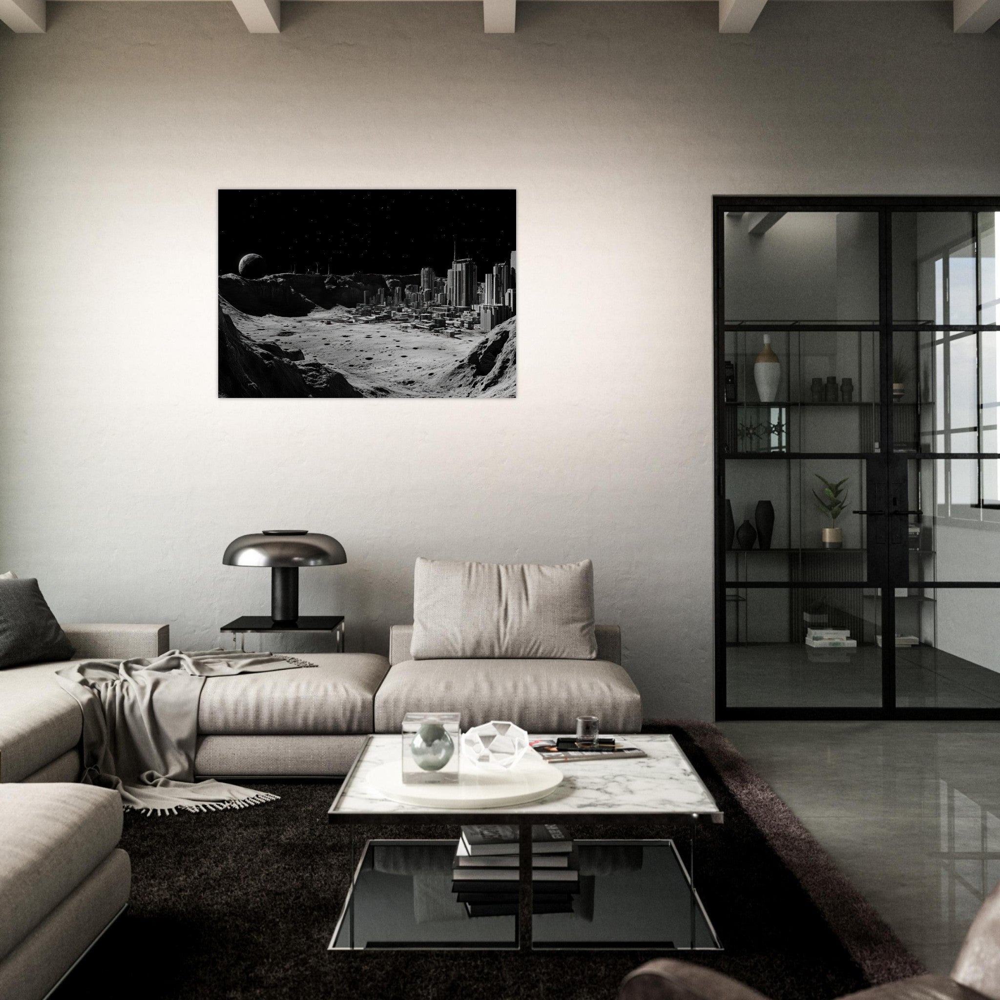 Aluminum Print Landscape - Crater City on a Dead Moon A sprawling city built - Shop Ai Art WebShop - Digital Art online Store