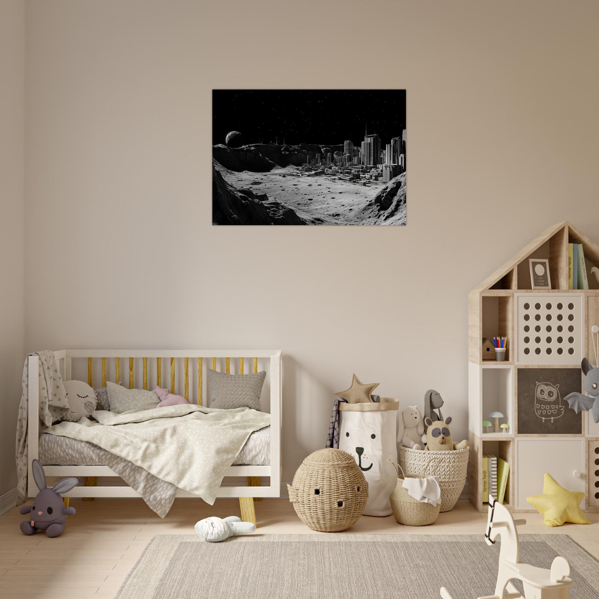 Aluminum Print Landscape - Crater City on a Dead Moon A sprawling city built - Shop Ai Art WebShop - Digital Art online Store