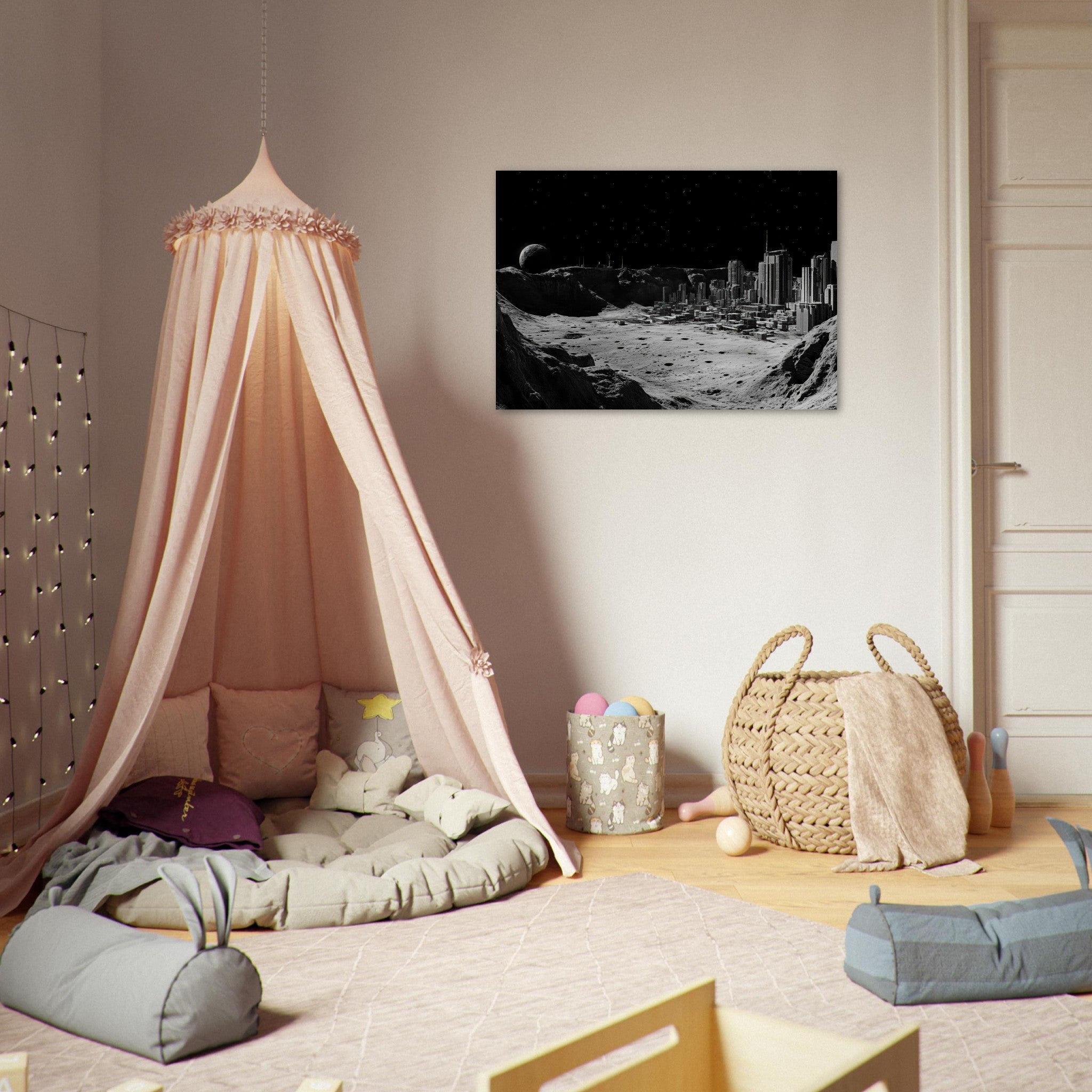 Aluminum Print Landscape - Crater City on a Dead Moon A sprawling city built - Shop Ai Art WebShop - Digital Art online Store