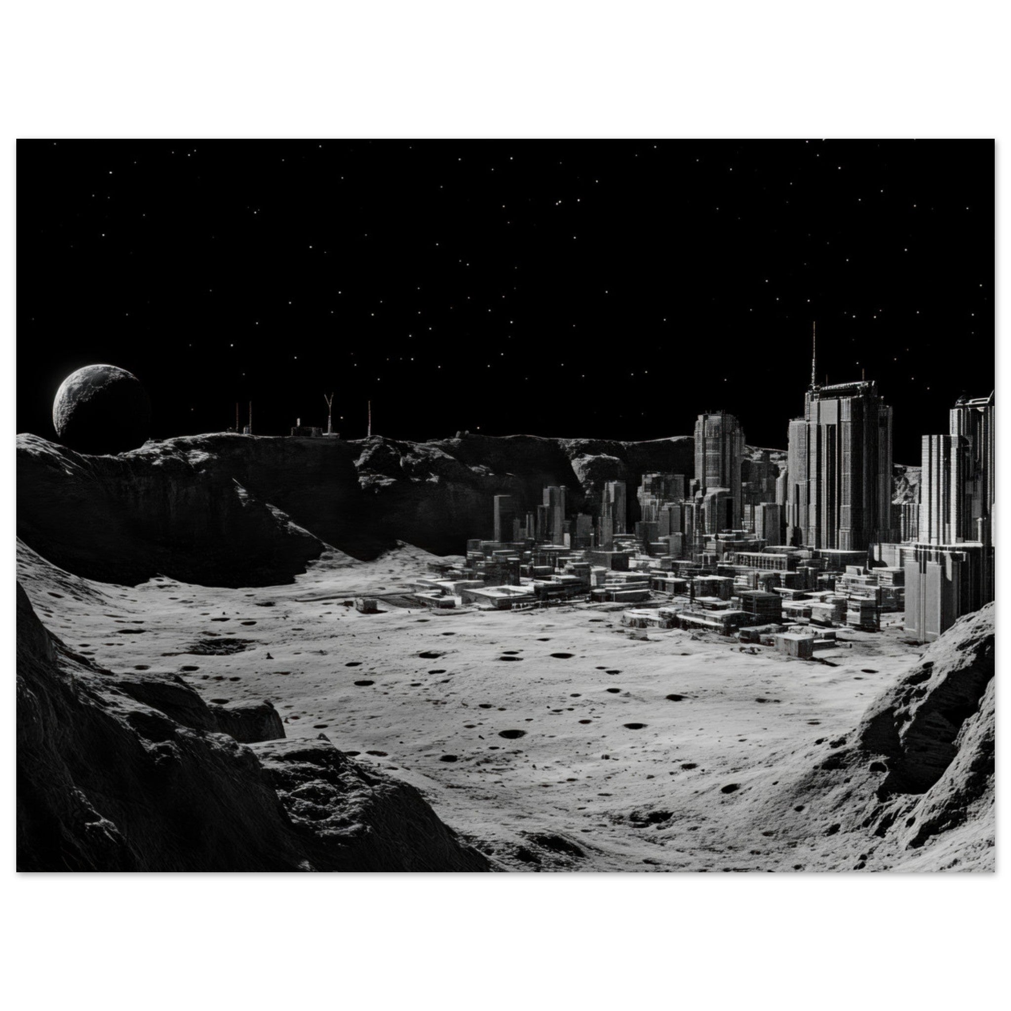 Aluminum Print Landscape - Crater City on a Dead Moon A sprawling city built - Shop Ai Art WebShop - Digital Art online Store