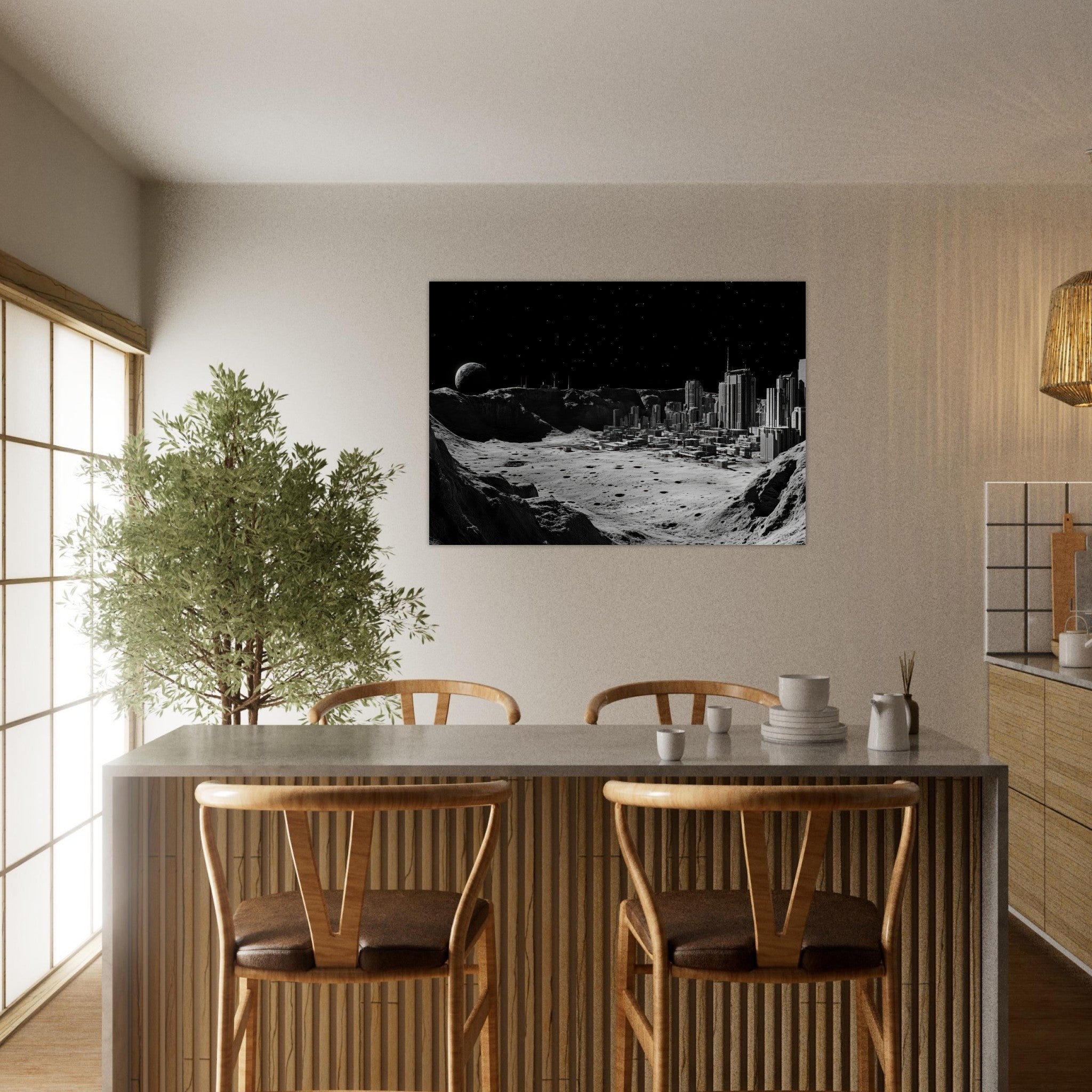 Aluminum Print Landscape - Crater City on a Dead Moon A sprawling city built - Shop Ai Art WebShop - Digital Art online Store