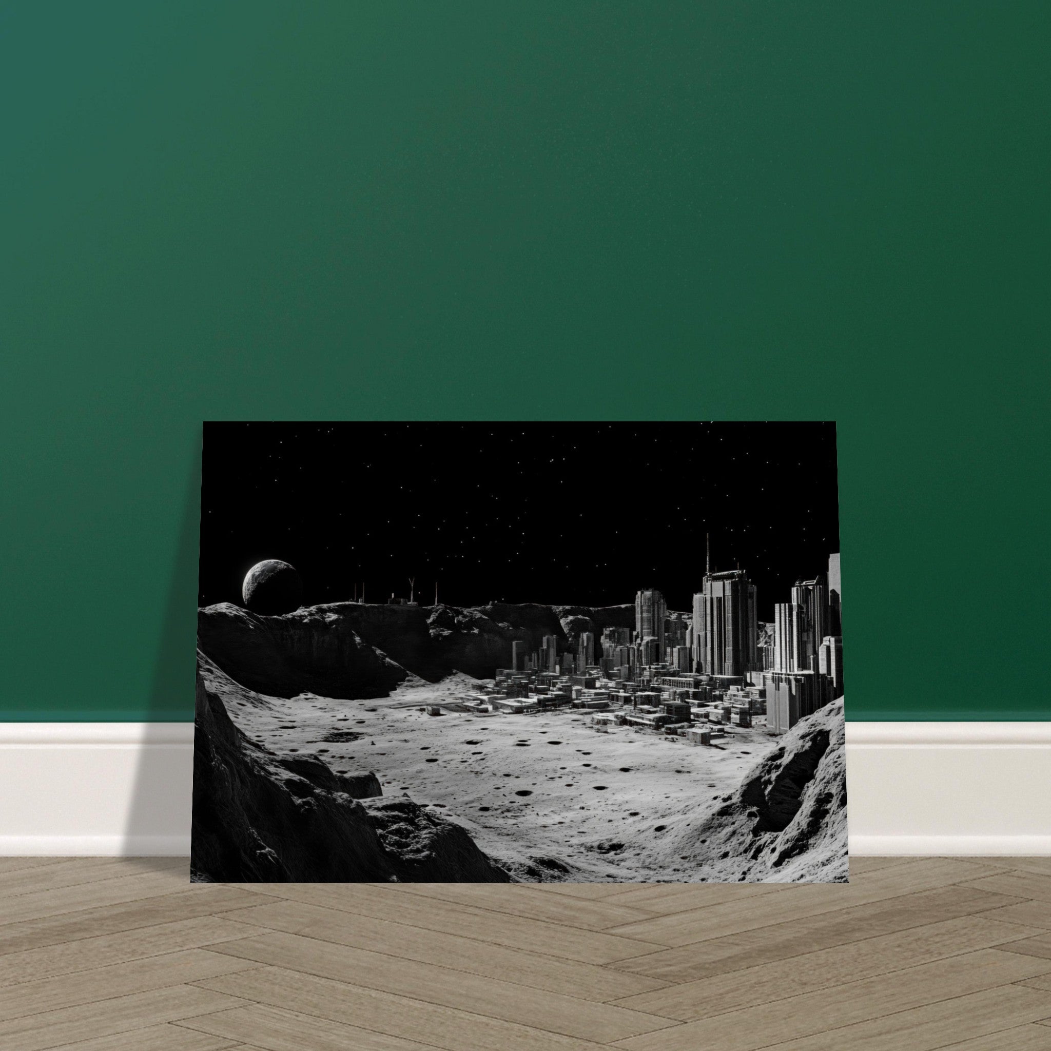 Aluminum Print Landscape - Crater City on a Dead Moon A sprawling city built - Shop Ai Art WebShop - Digital Art online Store