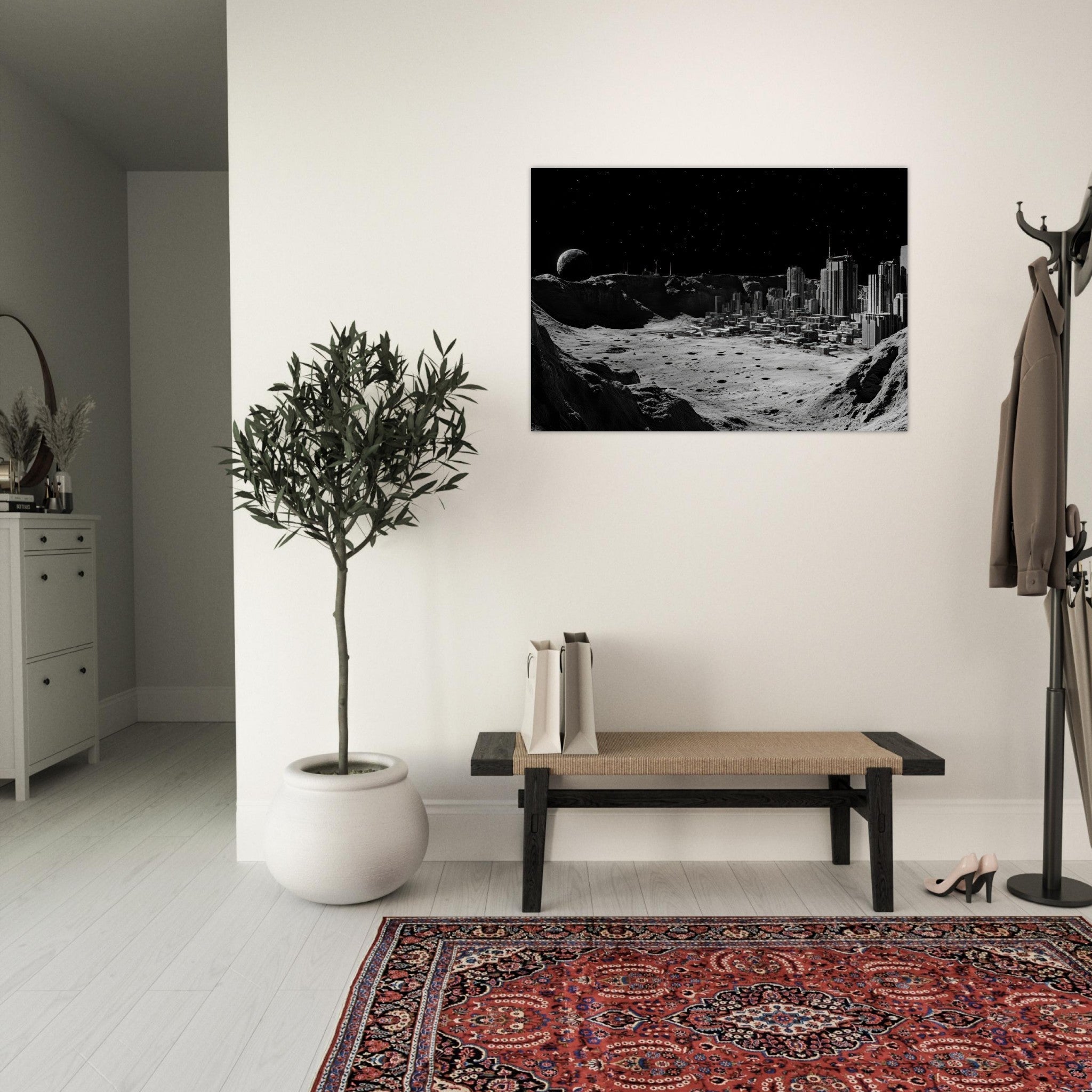 Aluminum Print Landscape - Crater City on a Dead Moon A sprawling city built - Shop Ai Art WebShop - Digital Art online Store