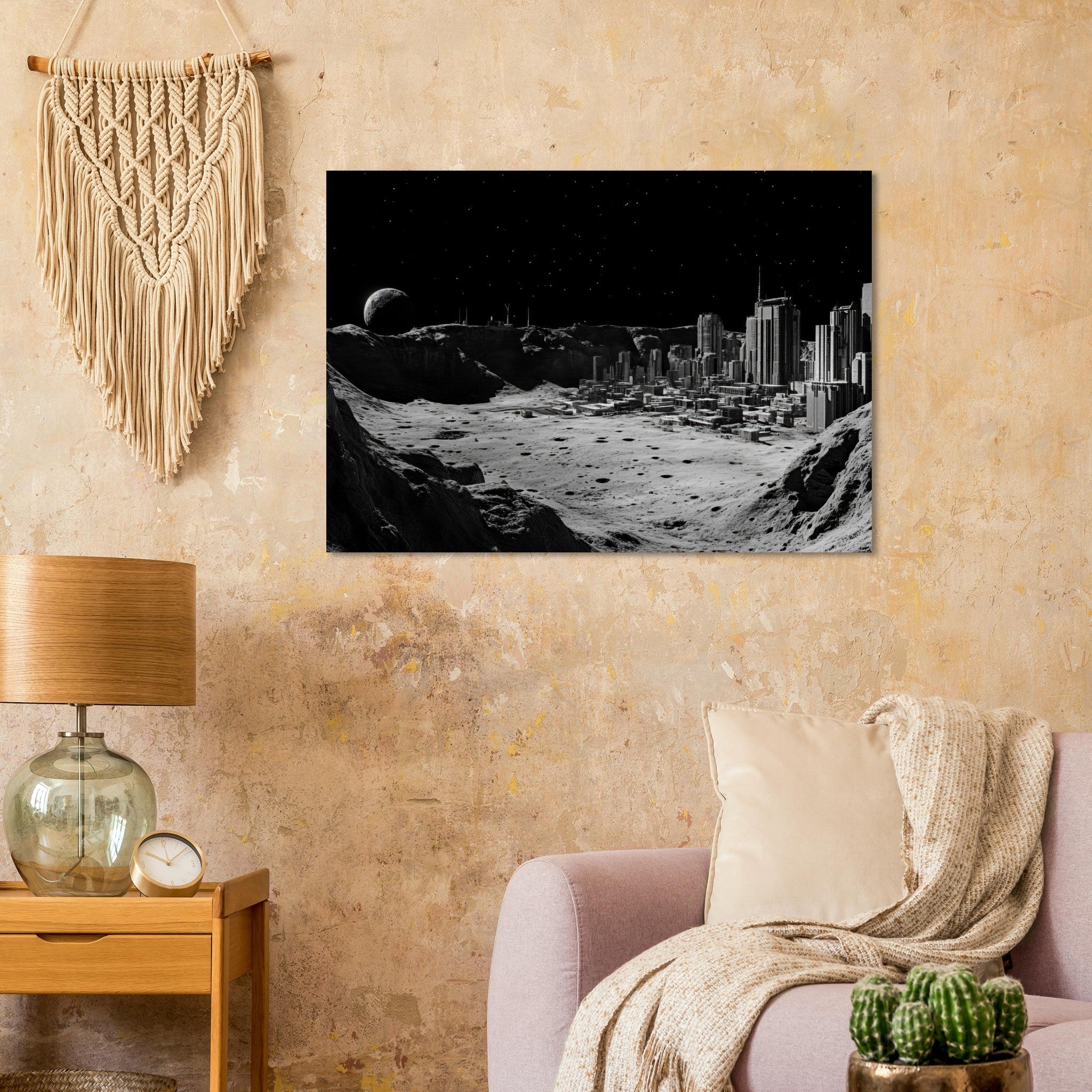 Aluminum Print Landscape - Crater City on a Dead Moon A sprawling city built - Shop Ai Art WebShop - Digital Art online Store