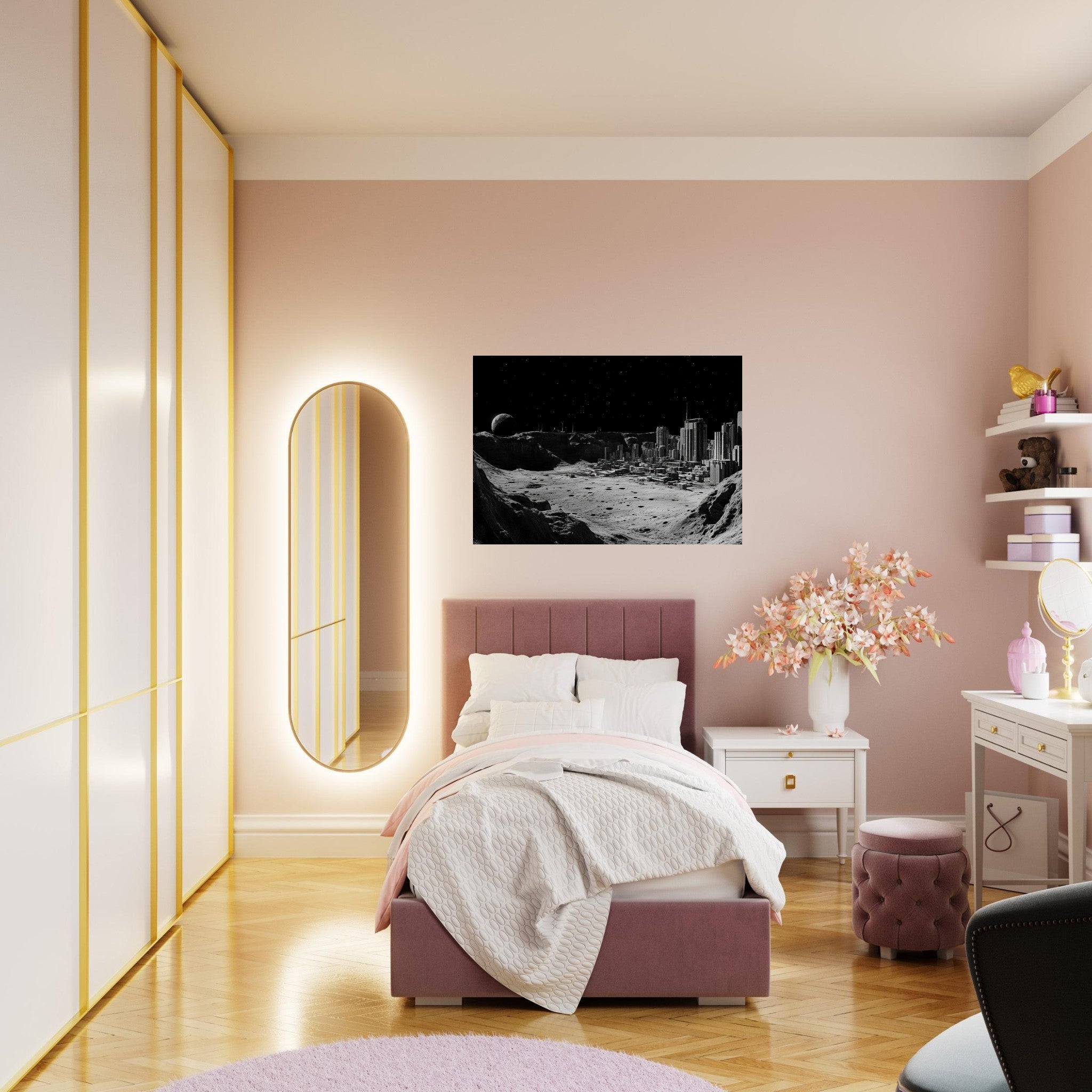Aluminum Print Landscape - Crater City on a Dead Moon A sprawling city built - Shop Ai Art WebShop - Digital Art online Store