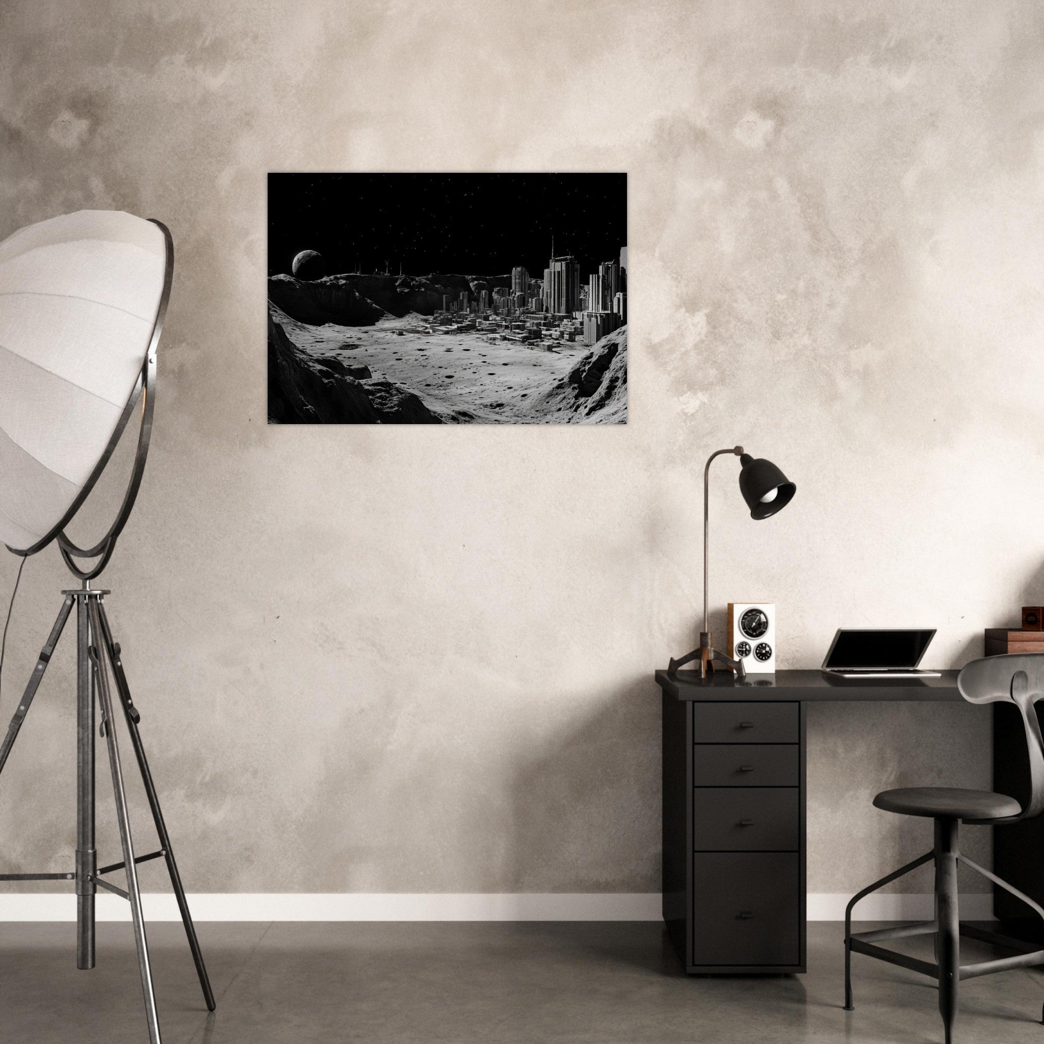 Aluminum Print Landscape - Crater City on a Dead Moon A sprawling city built - Shop Ai Art WebShop - Digital Art online Store