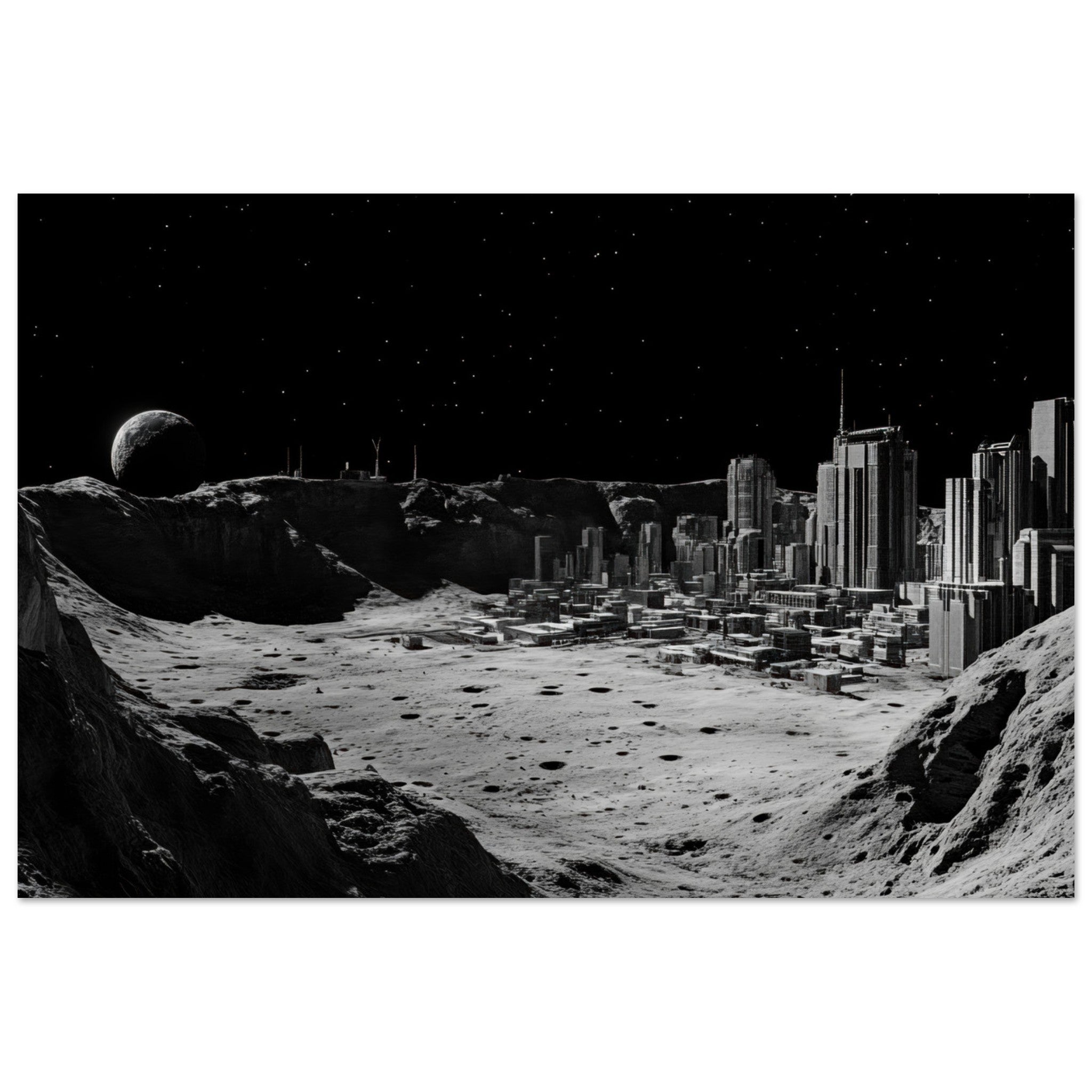 Aluminum Print Landscape - Crater City on a Dead Moon A sprawling city built - Shop Ai Art WebShop - Digital Art online Store