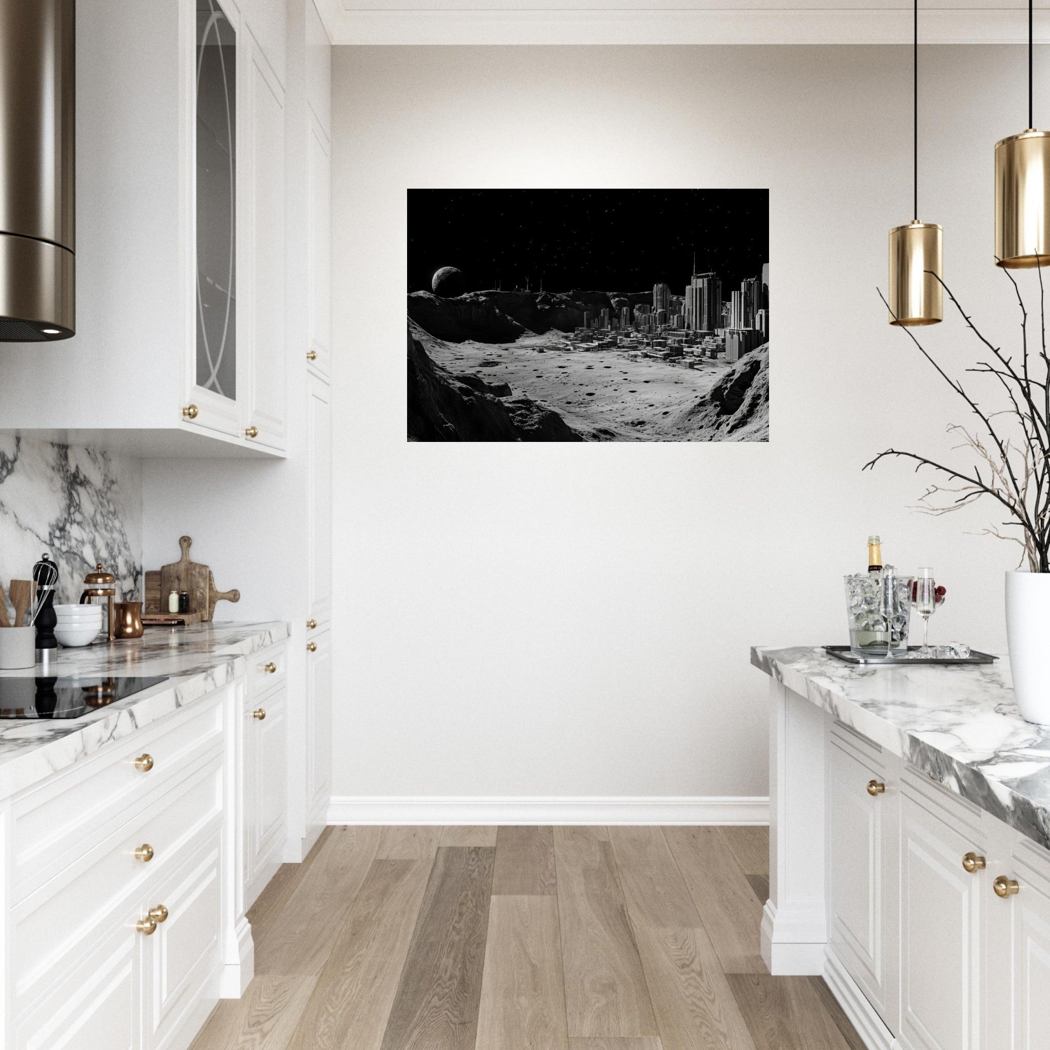 Aluminum Print Landscape - Crater City on a Dead Moon A sprawling city built - Shop Ai Art WebShop - Digital Art online Store