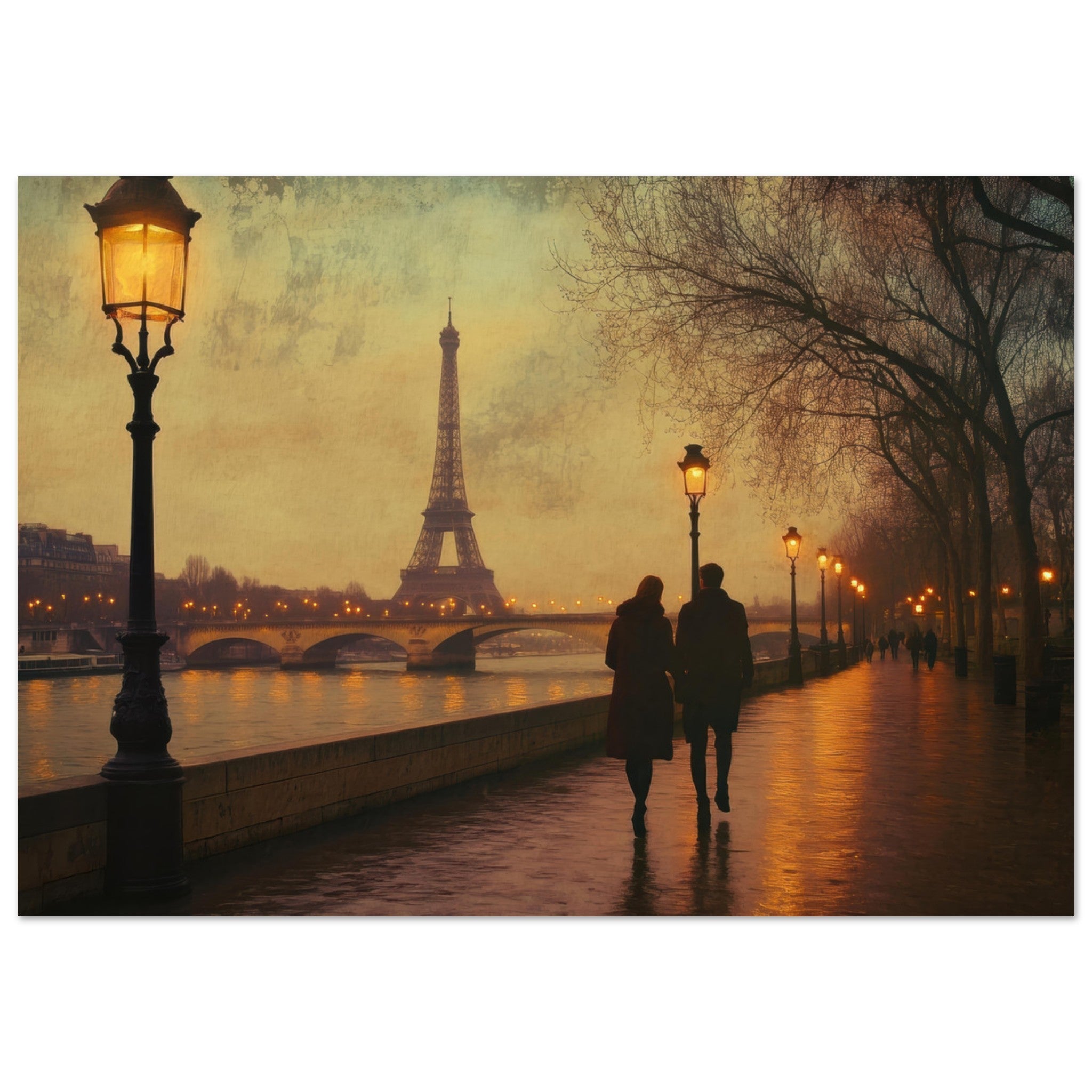 Aluminum Print Landscape - Evening Stroll Along the Seine A romantic river 2 - Shop Ai Art WebShop - Digital Art online Store