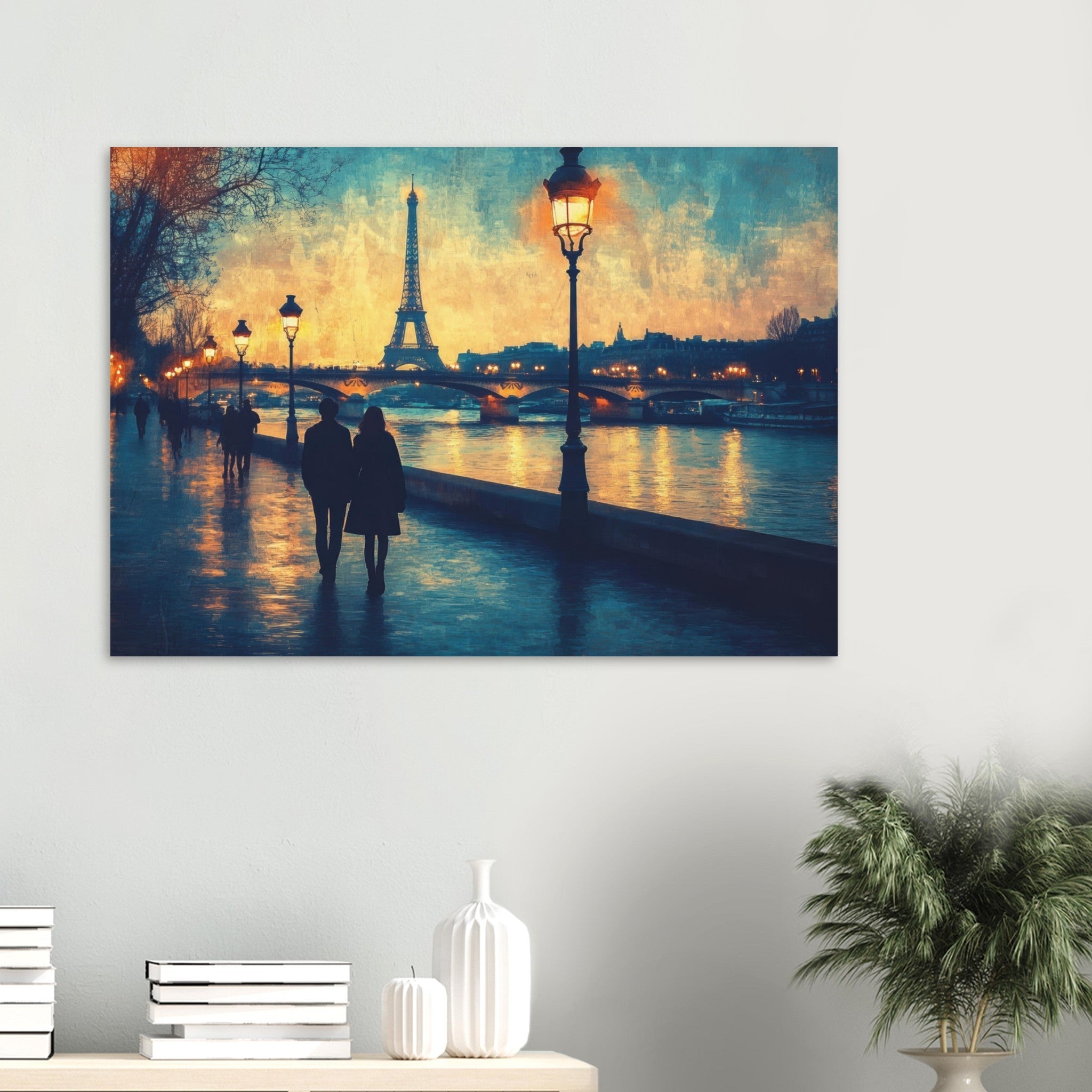 Aluminum Print Landscape - Evening Stroll Along the Seine A romantic river 3 - Shop Ai Art WebShop - Digital Art online Store