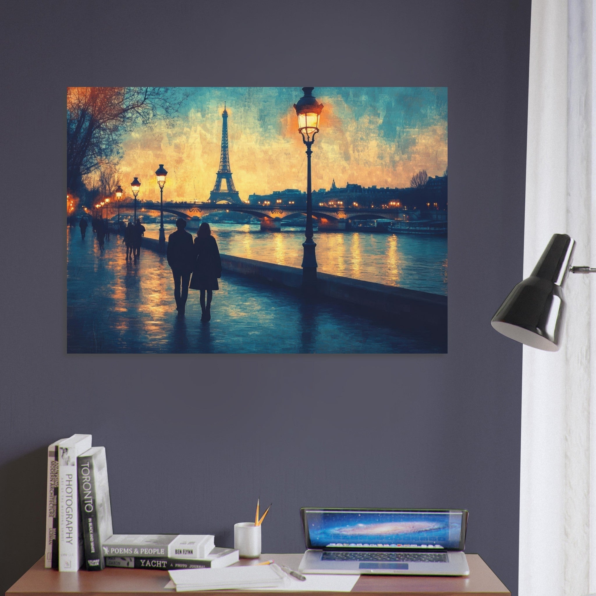 Aluminum Print Landscape - Evening Stroll Along the Seine A romantic river 3 - Shop Ai Art WebShop - Digital Art online Store
