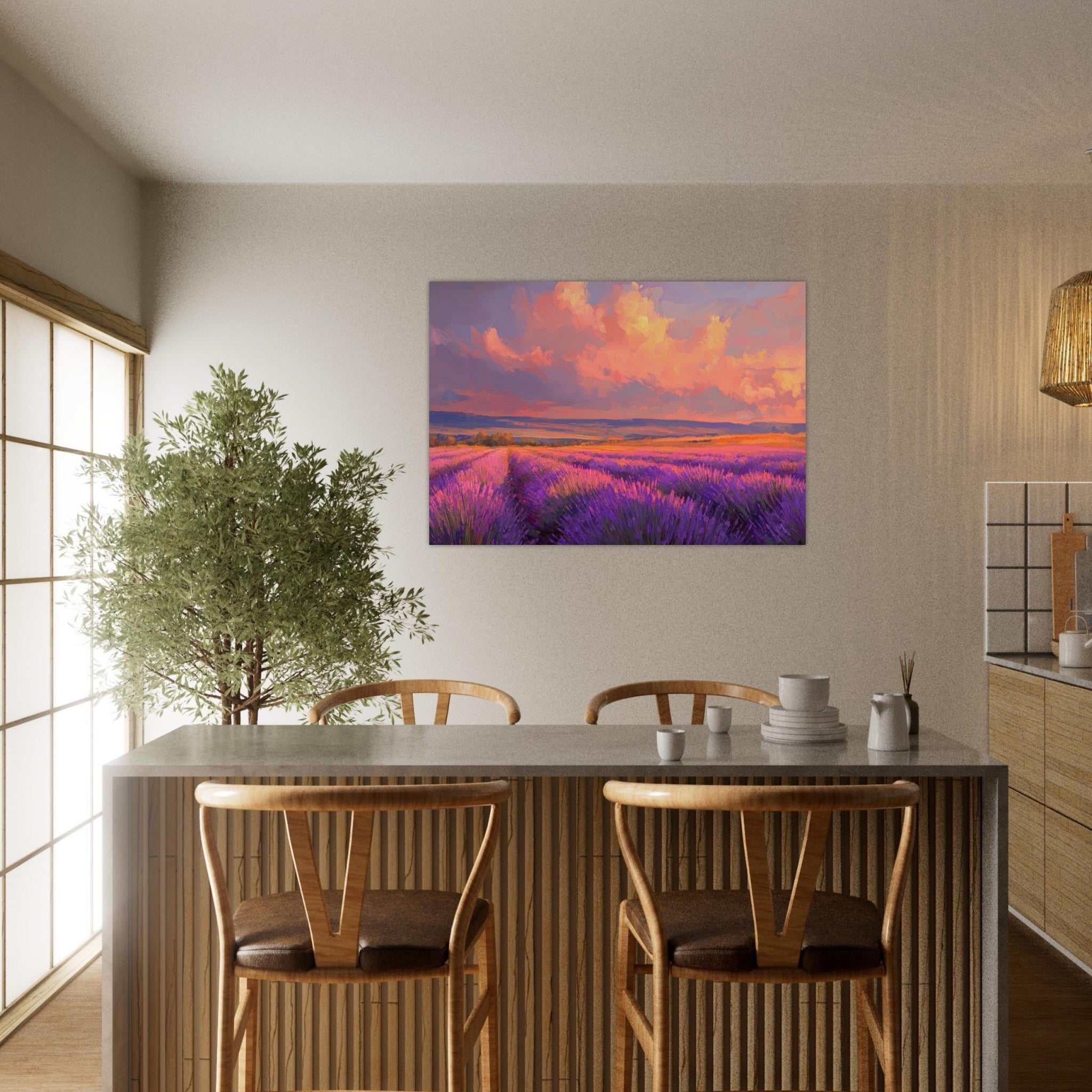 Aluminum Print Landscape - Rolling lavender fields under a pink - hued sunset - Shop Ai Art WebShop - Digital Art online Store