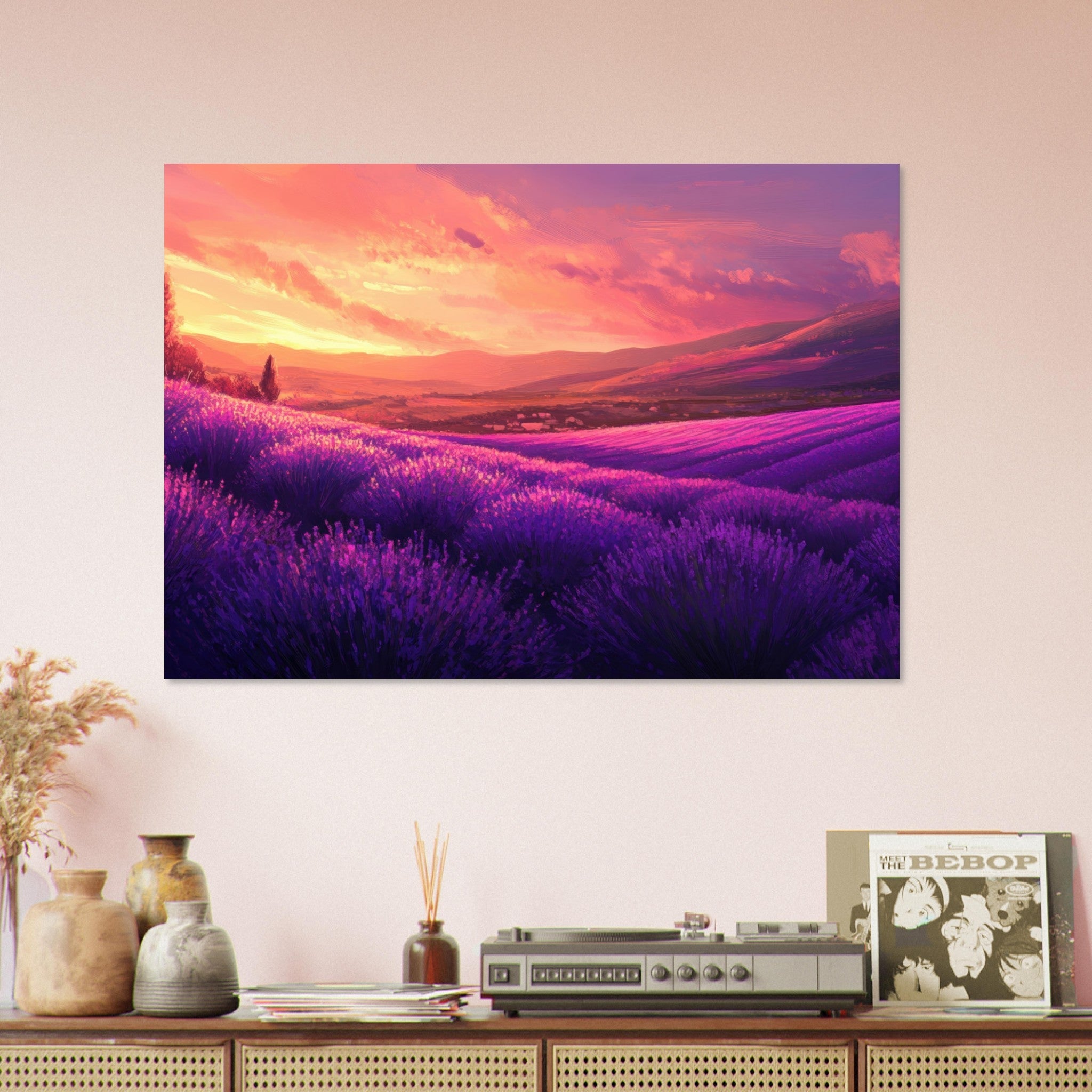 Aluminum Print Landscape - Rolling lavender fields under a pink - hued sunset 2 - Shop Ai Art WebShop - Digital Art online Store