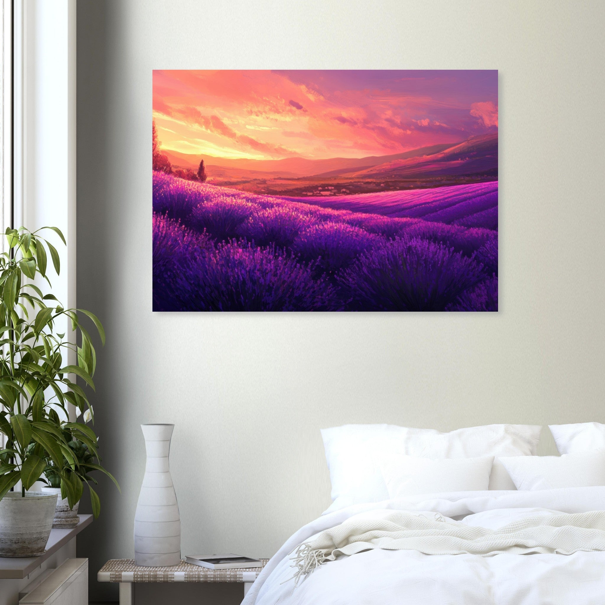 Aluminum Print Landscape - Rolling lavender fields under a pink - hued sunset 2 - Shop Ai Art WebShop - Digital Art online Store
