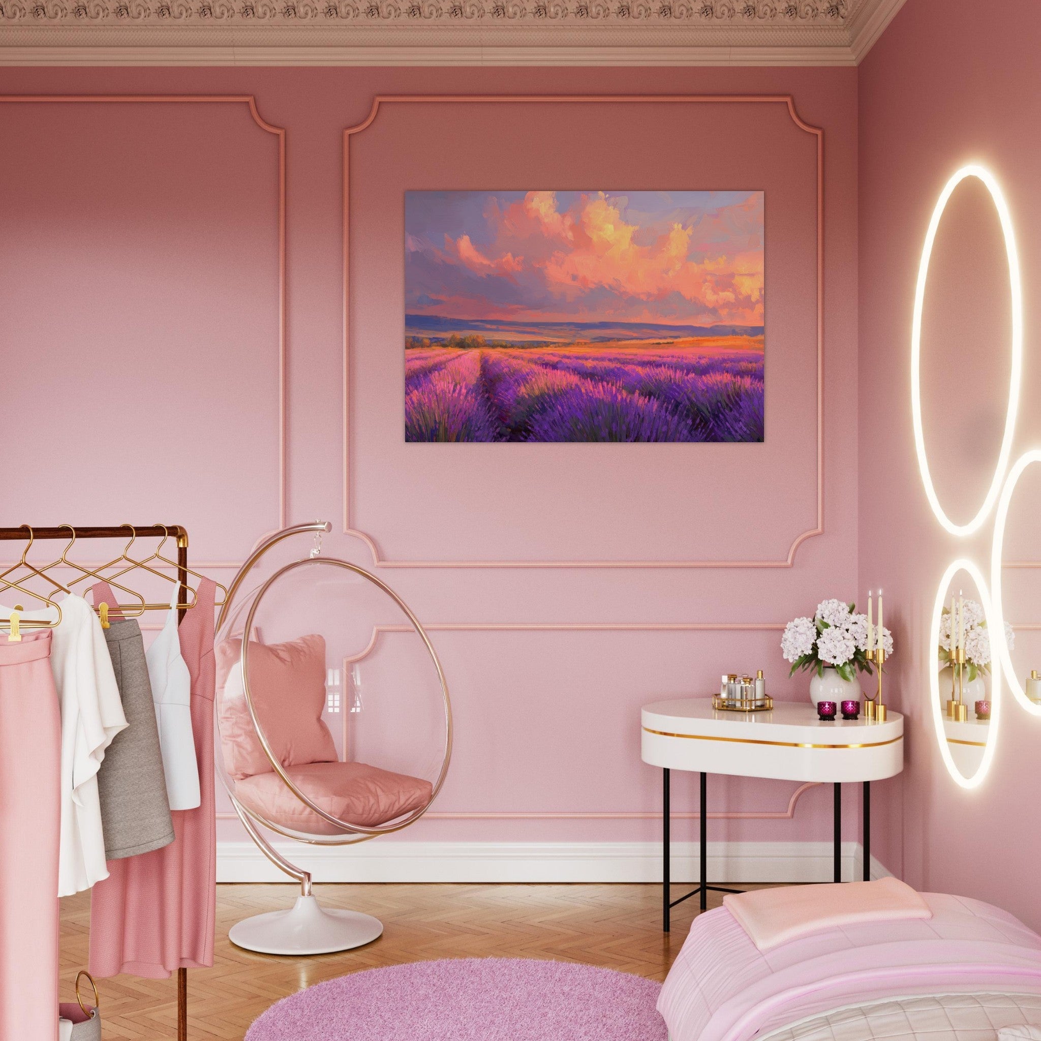 Aluminum Print Landscape - Rolling lavender fields under a pink - hued sunset - Shop Ai Art WebShop - Digital Art online Store