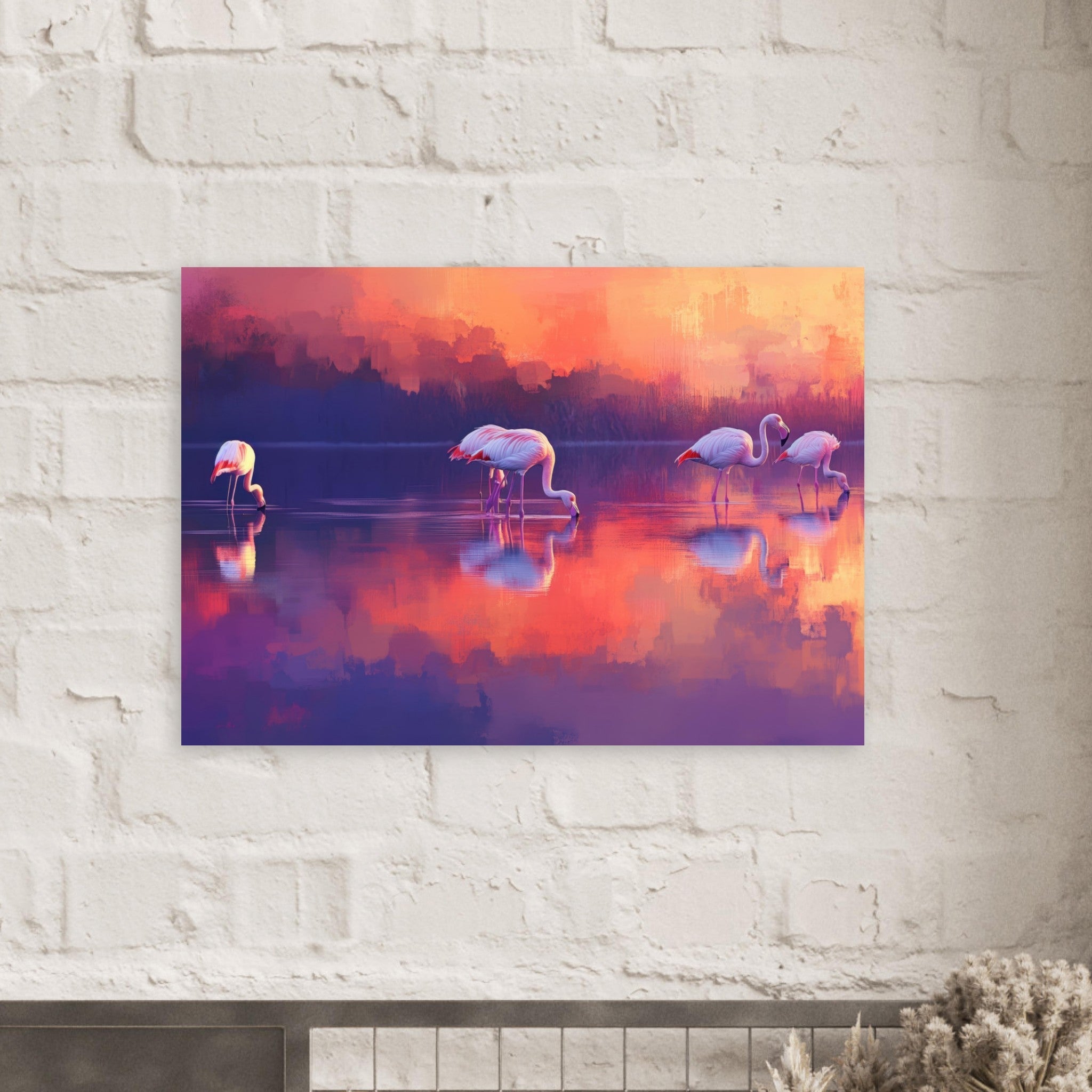 Aluminum Print Landscape - Surreal Flamingo Lake at Sunset Graceful flaming 2 - Shop Ai Art WebShop - Digital Art online Store