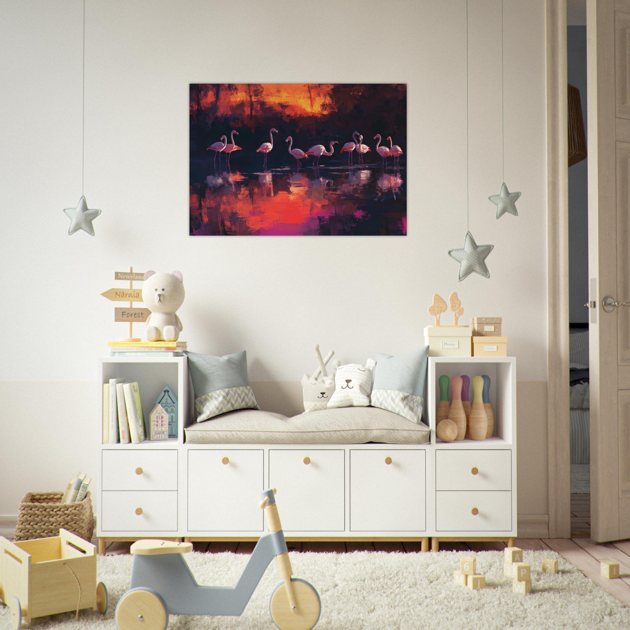 Aluminum Print Landscape - Surreal Flamingo Lake at Sunset Graceful flaming - Shop Ai Art WebShop - Digital Art online Store