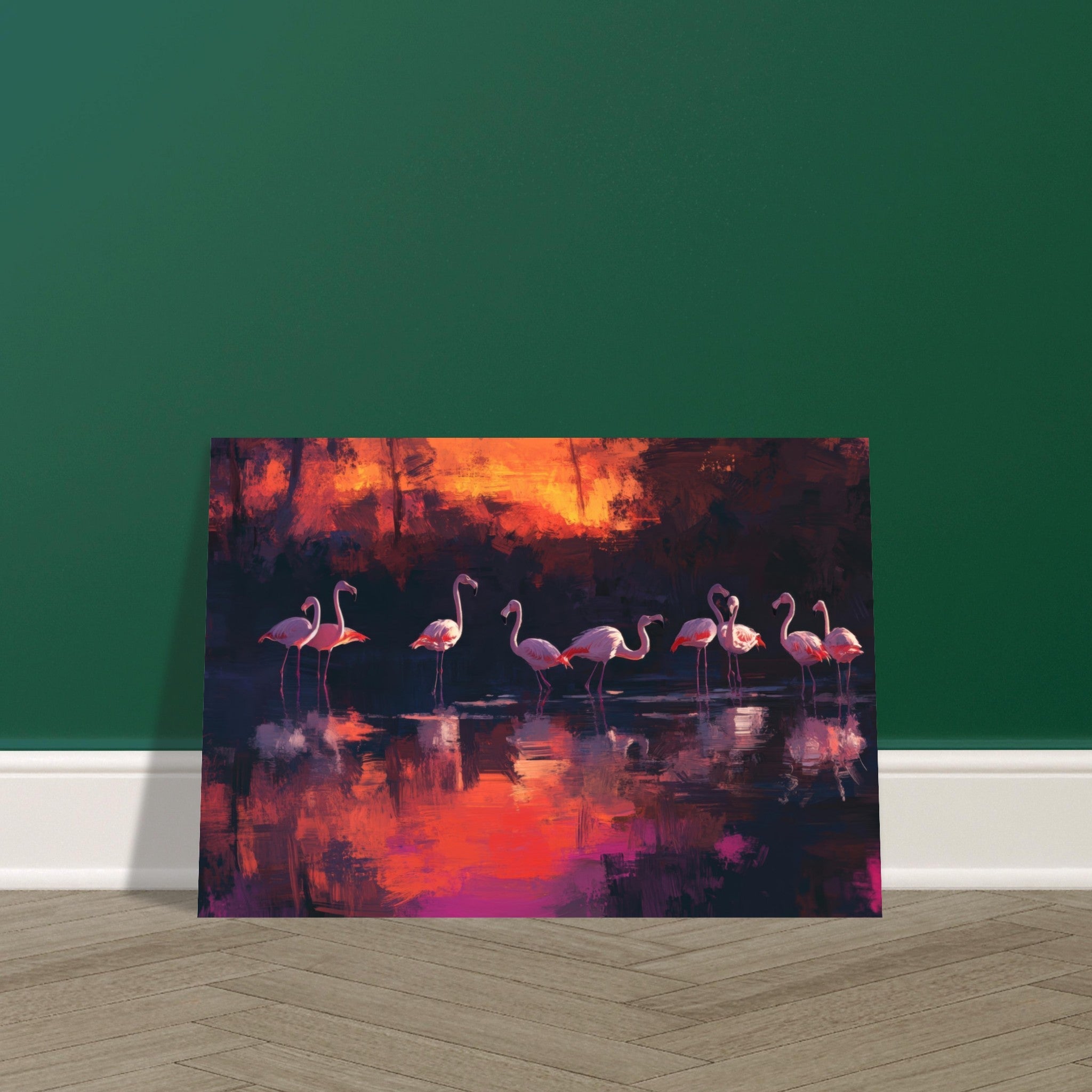 Aluminum Print Landscape - Surreal Flamingo Lake at Sunset Graceful flaming - Shop Ai Art WebShop - Digital Art online Store
