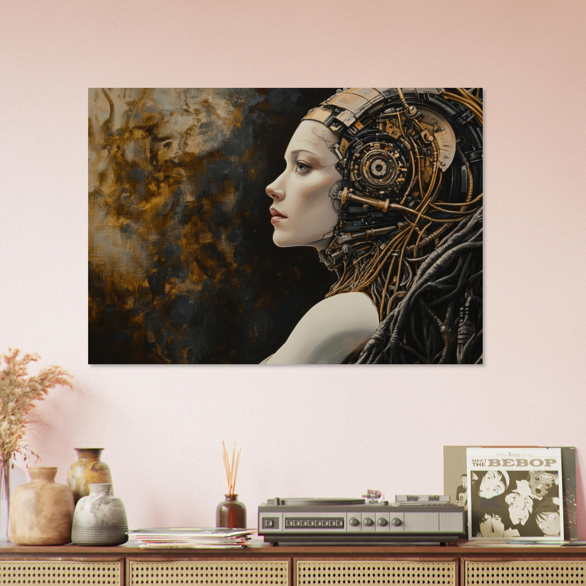 Aluminum Print Landscape - Surrealist Hybrid Queen on a Biomechanical Thrown - Shop Ai Art WebShop - Digital Art online Store