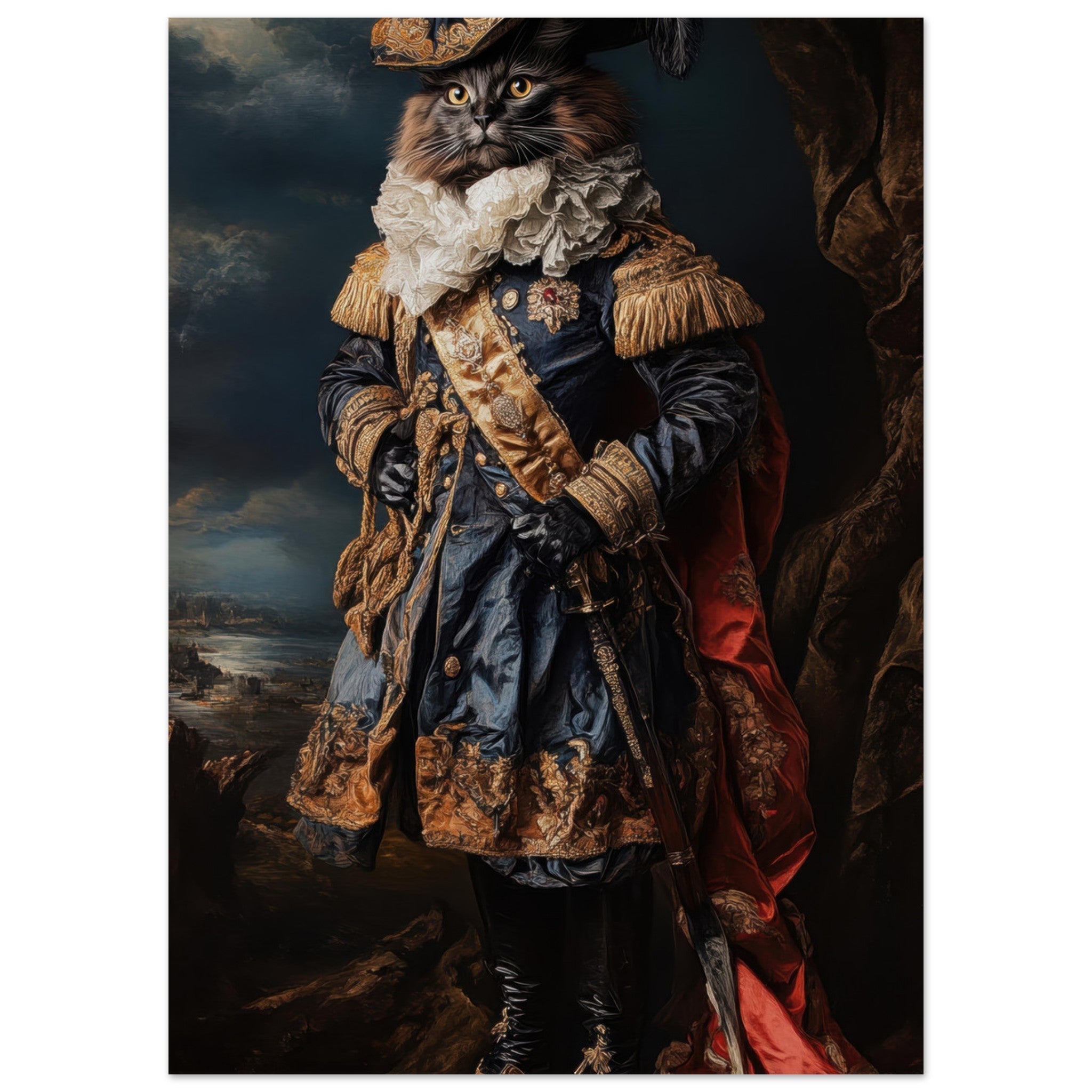 Aluminum Print Portrait - Baroque Military Commander Cat A fierce - looking 8 - Shop Ai Art WebShop - Digital Art online Store
