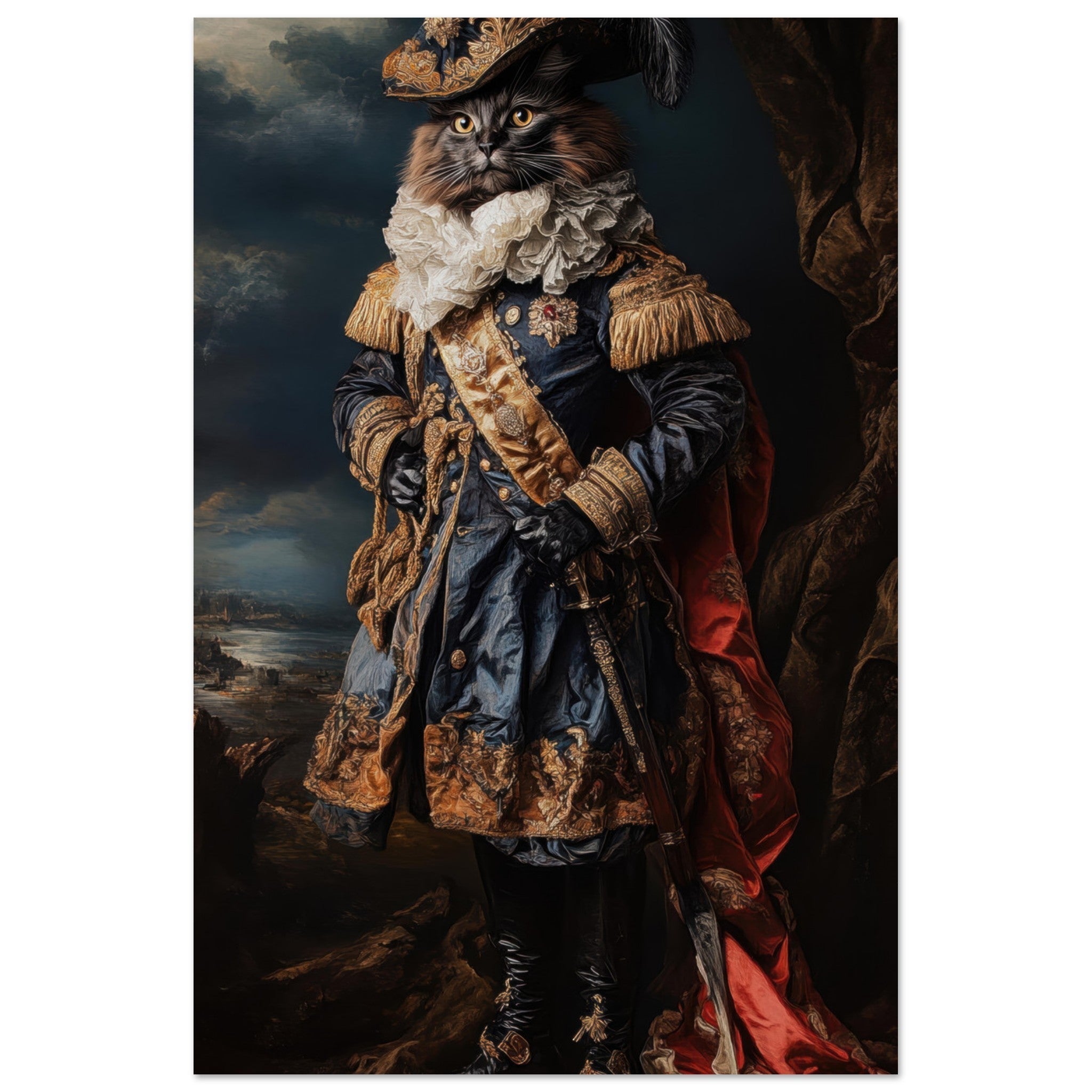 Aluminum Print Portrait - Baroque Military Commander Cat A fierce - looking 8 - Shop Ai Art WebShop - Digital Art online Store