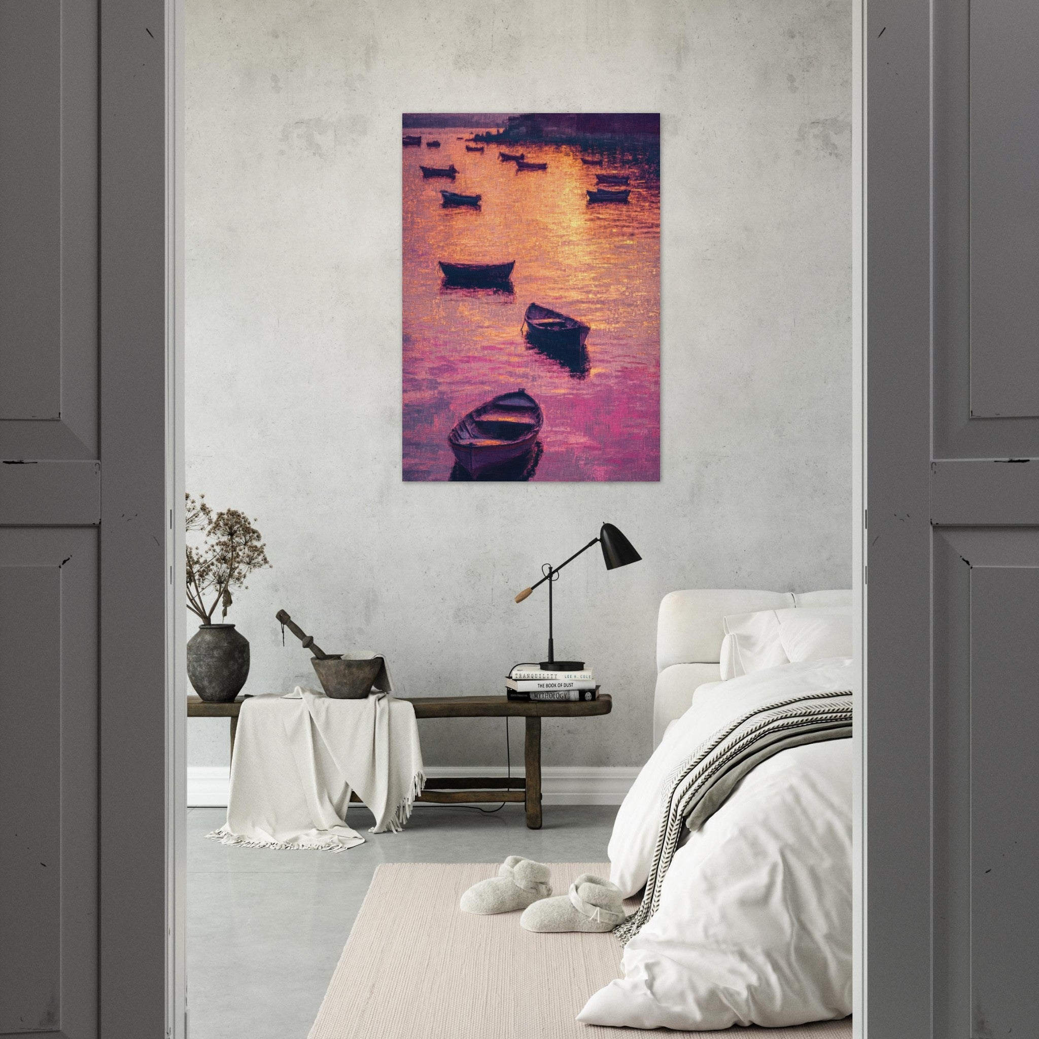Aluminum Print Portrait - Boats at Dusk A harbor filled with gently rocky - Shop Ai Art WebShop - Digital Art online Store