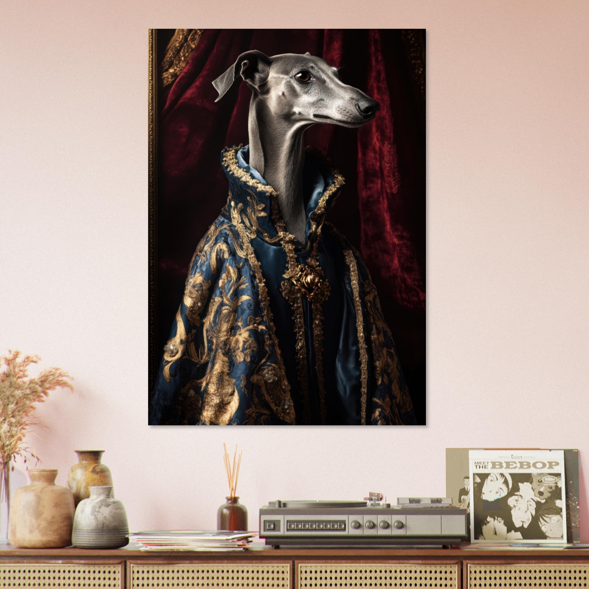 Aluminum Print Portrait - Elegant Baroque Greyhound Portrait A sleek grey 2 - Shop Ai Art WebShop - Digital Art online Store