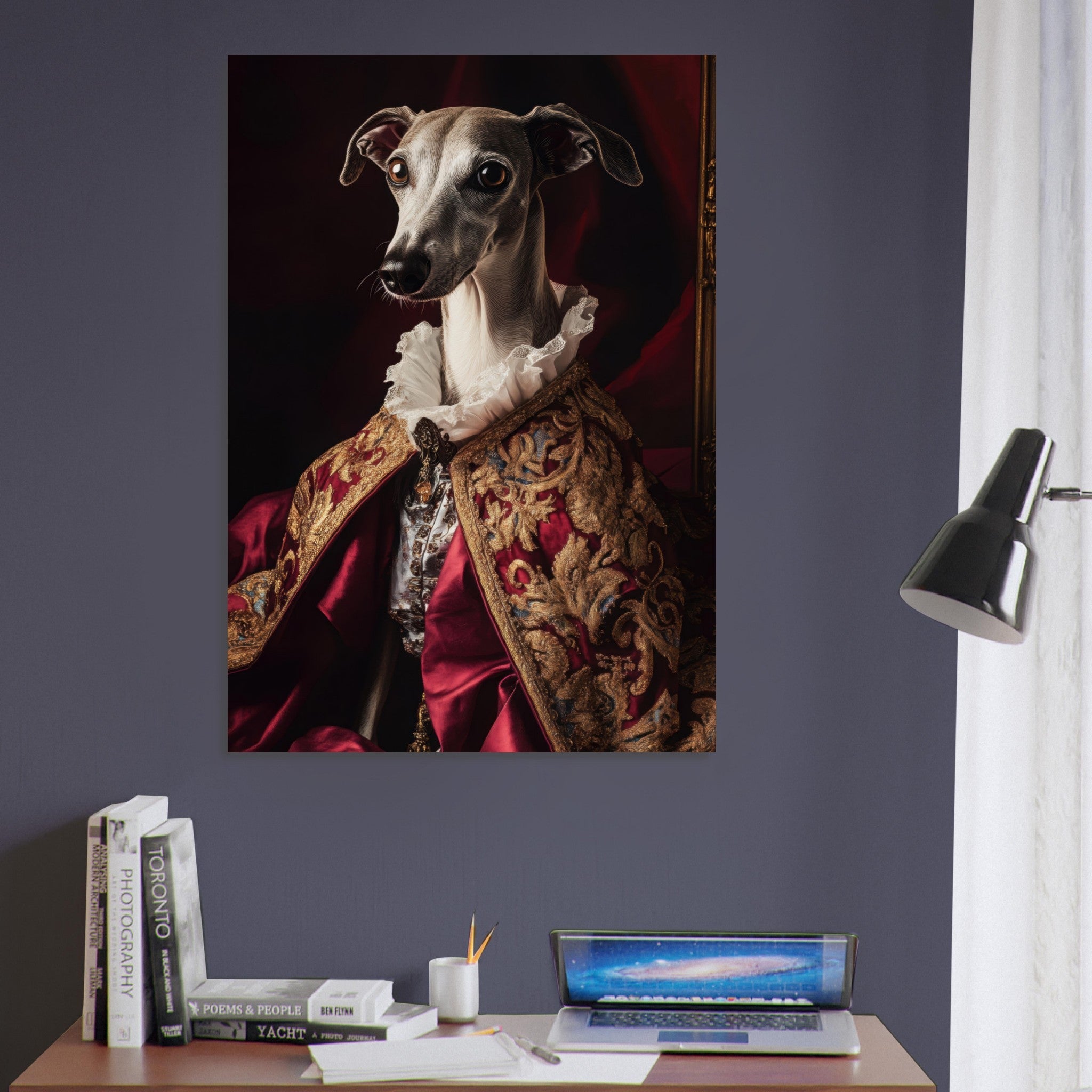 Aluminum Print Portrait - Elegant Baroque Greyhound Portrait A sleek grey 3 - Shop Ai Art WebShop - Digital Art online Store