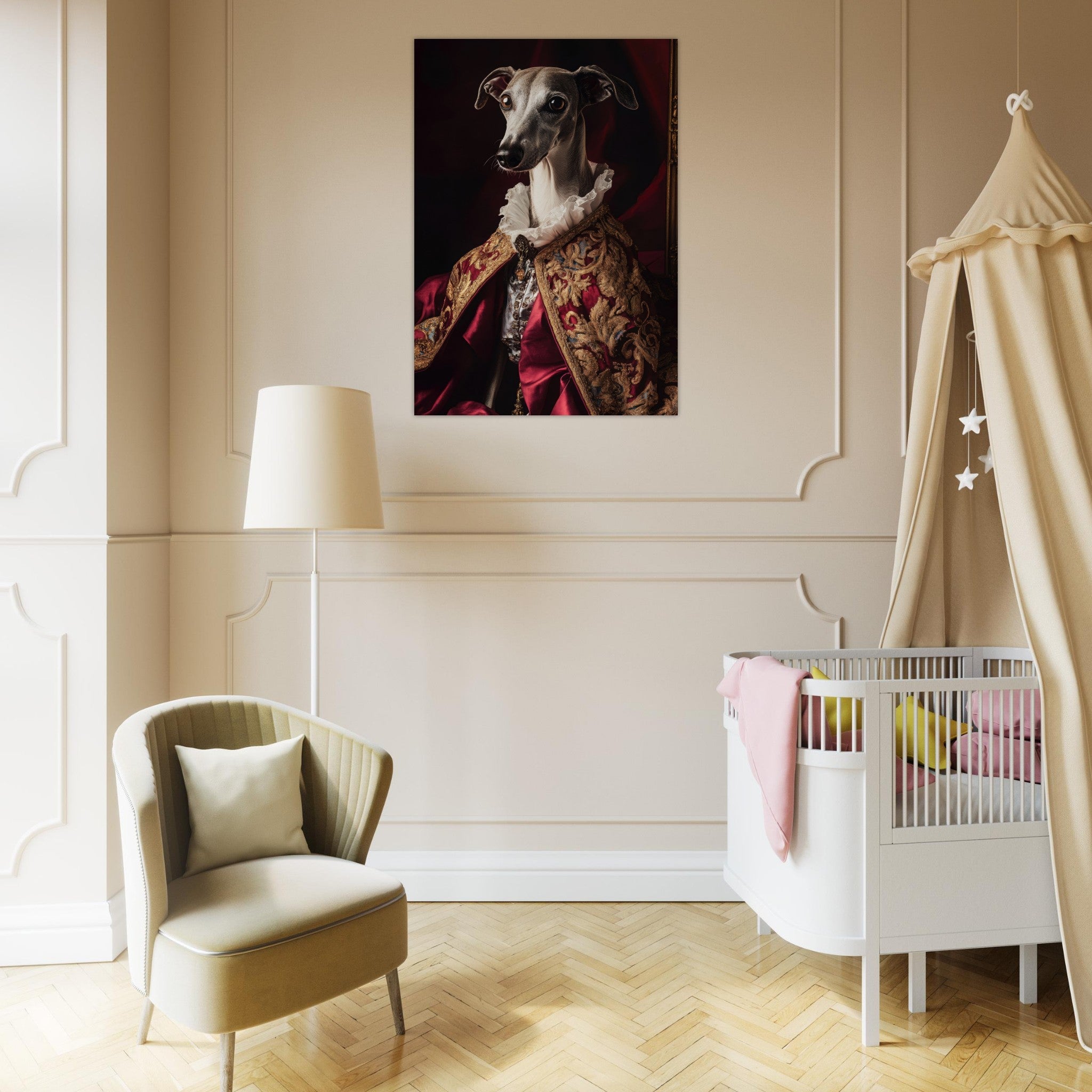 Aluminum Print Portrait - Elegant Baroque Greyhound Portrait A sleek grey 3 - Shop Ai Art WebShop - Digital Art online Store
