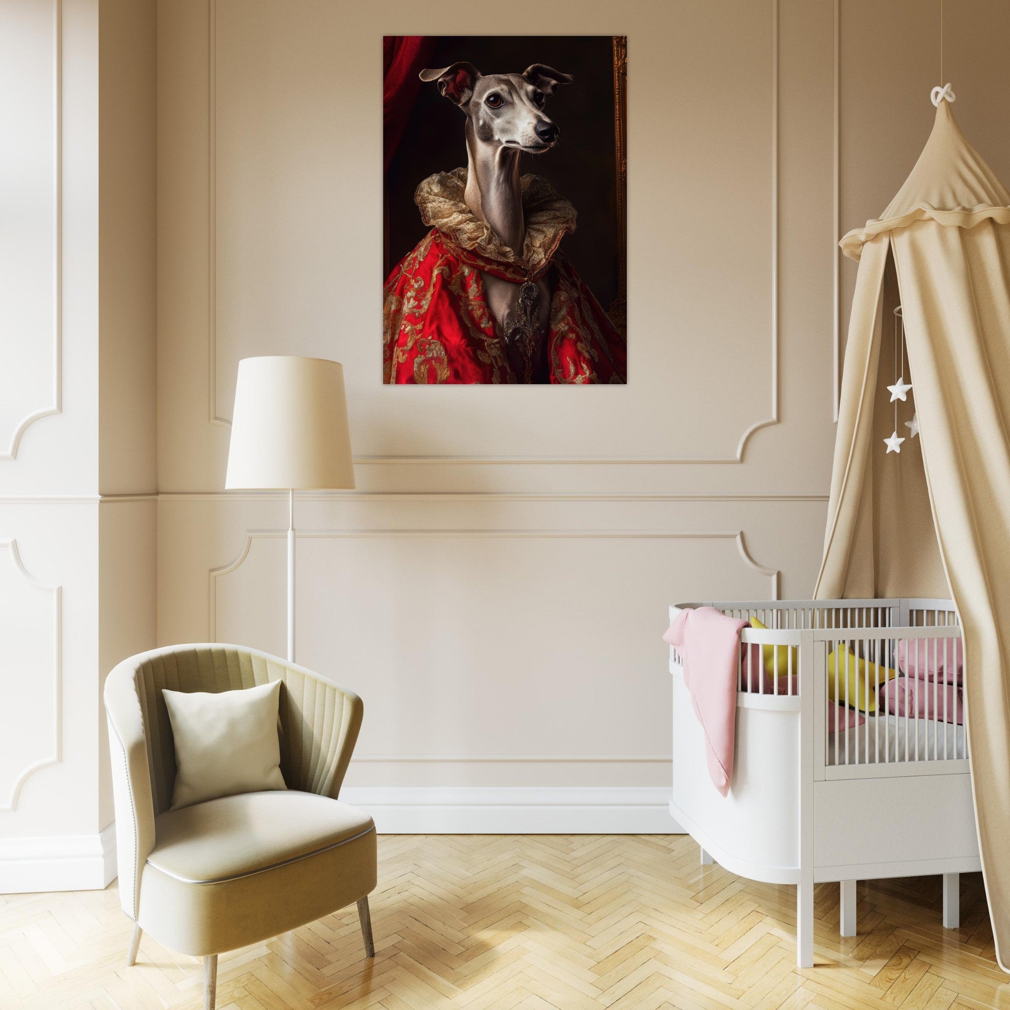 Aluminum Print Portrait - Elegant Baroque Greyhound Portrait A sleek grey 5 - Shop Ai Art WebShop - Digital Art online Store