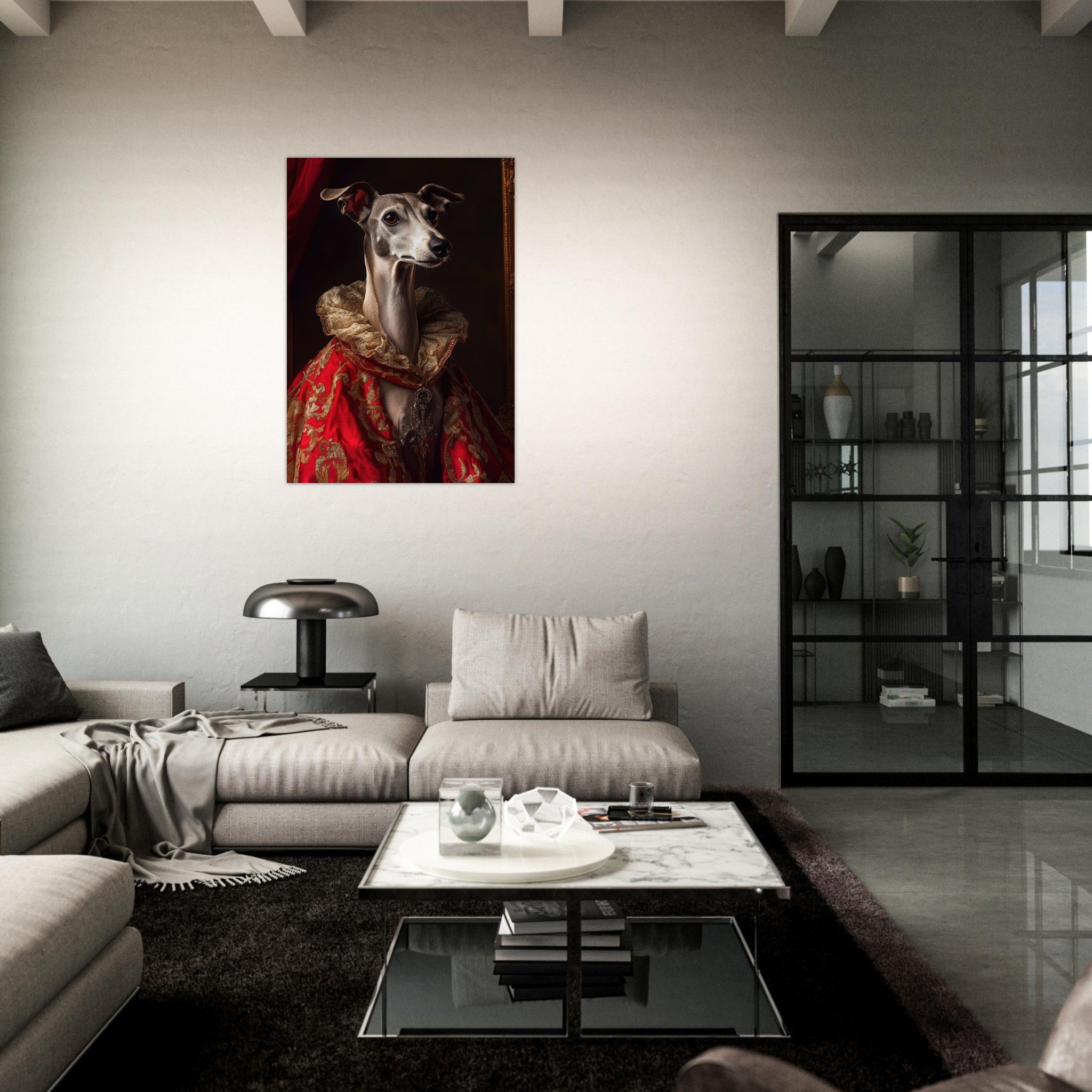 Aluminum Print Portrait - Elegant Baroque Greyhound Portrait A sleek grey 5 - Shop Ai Art WebShop - Digital Art online Store