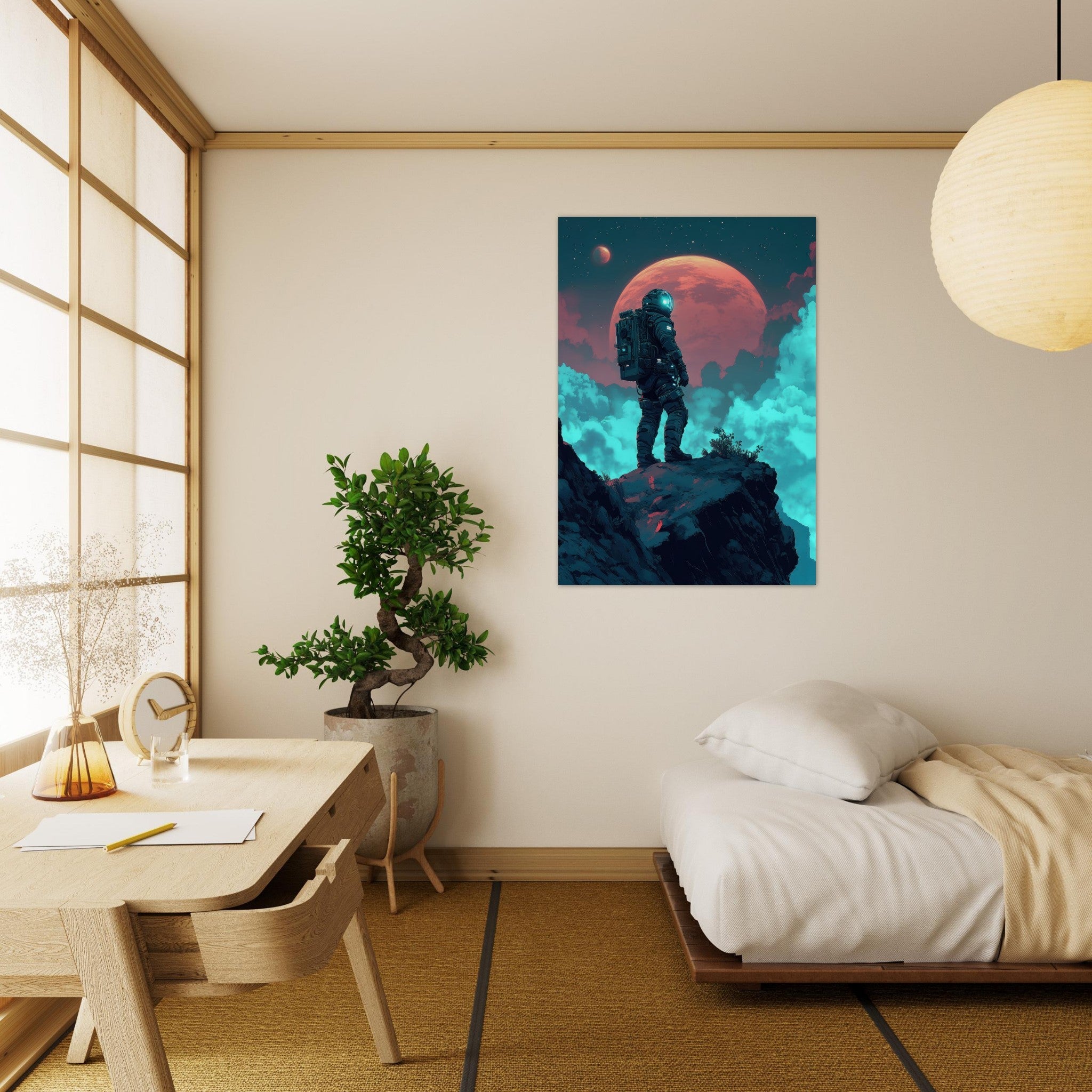 Aluminum Print Portrait - Galactic Explorer in Alien Desert A lone strong 3 - Shop Ai Art WebShop - Digital Art online Store