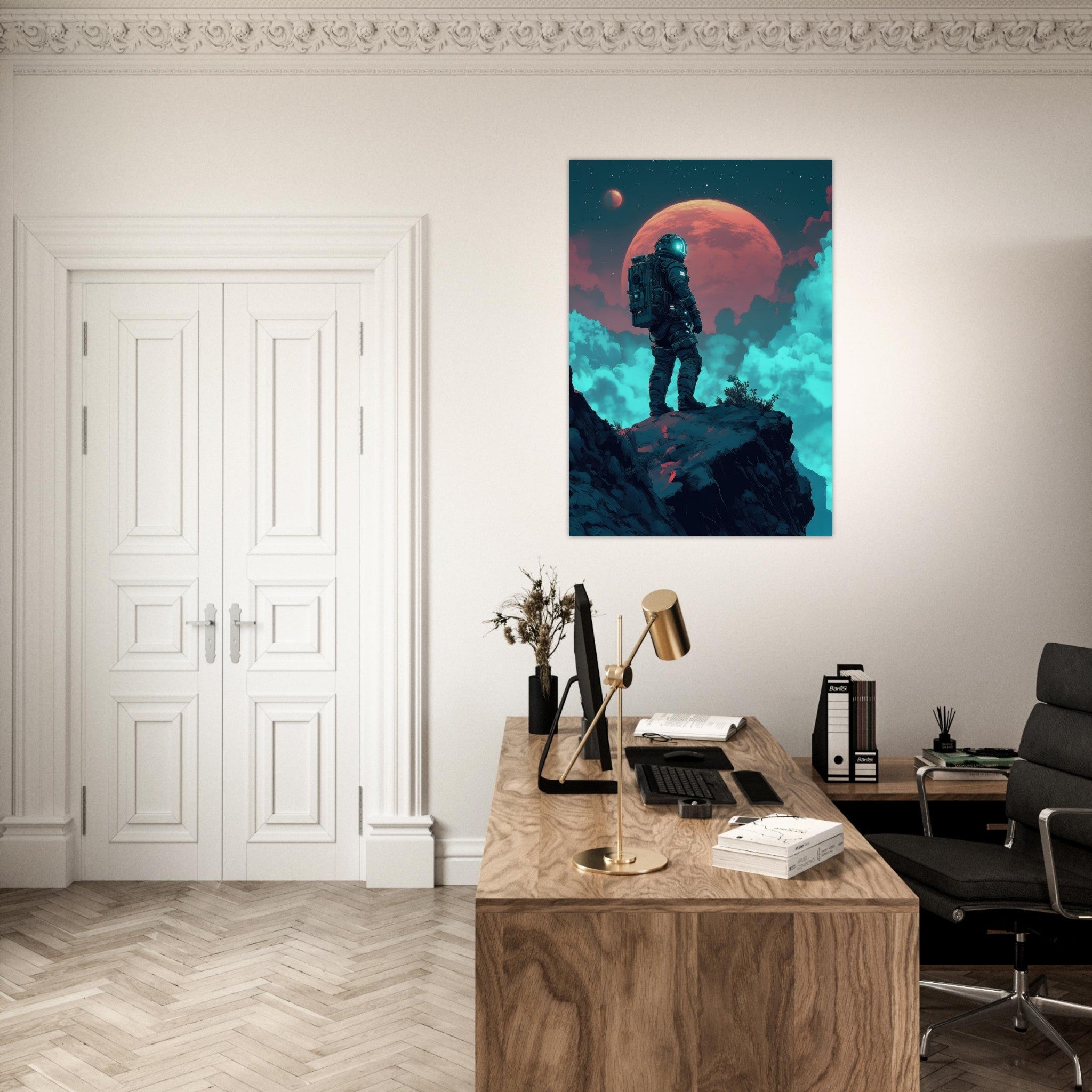 Aluminum Print Portrait - Galactic Explorer in Alien Desert A lone strong 3 - Shop Ai Art WebShop - Digital Art online Store
