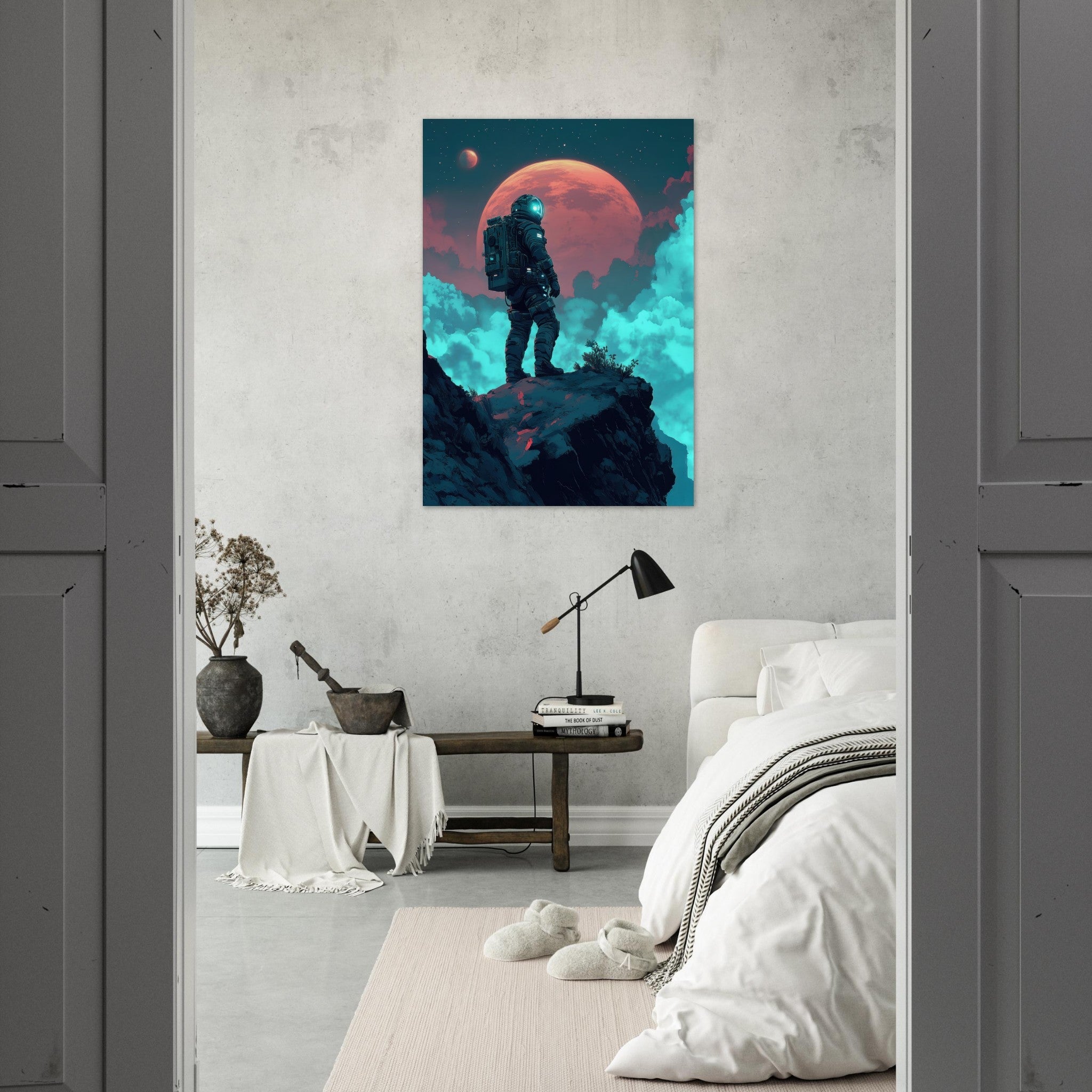 Aluminum Print Portrait - Galactic Explorer in Alien Desert A lone strong 3 - Shop Ai Art WebShop - Digital Art online Store