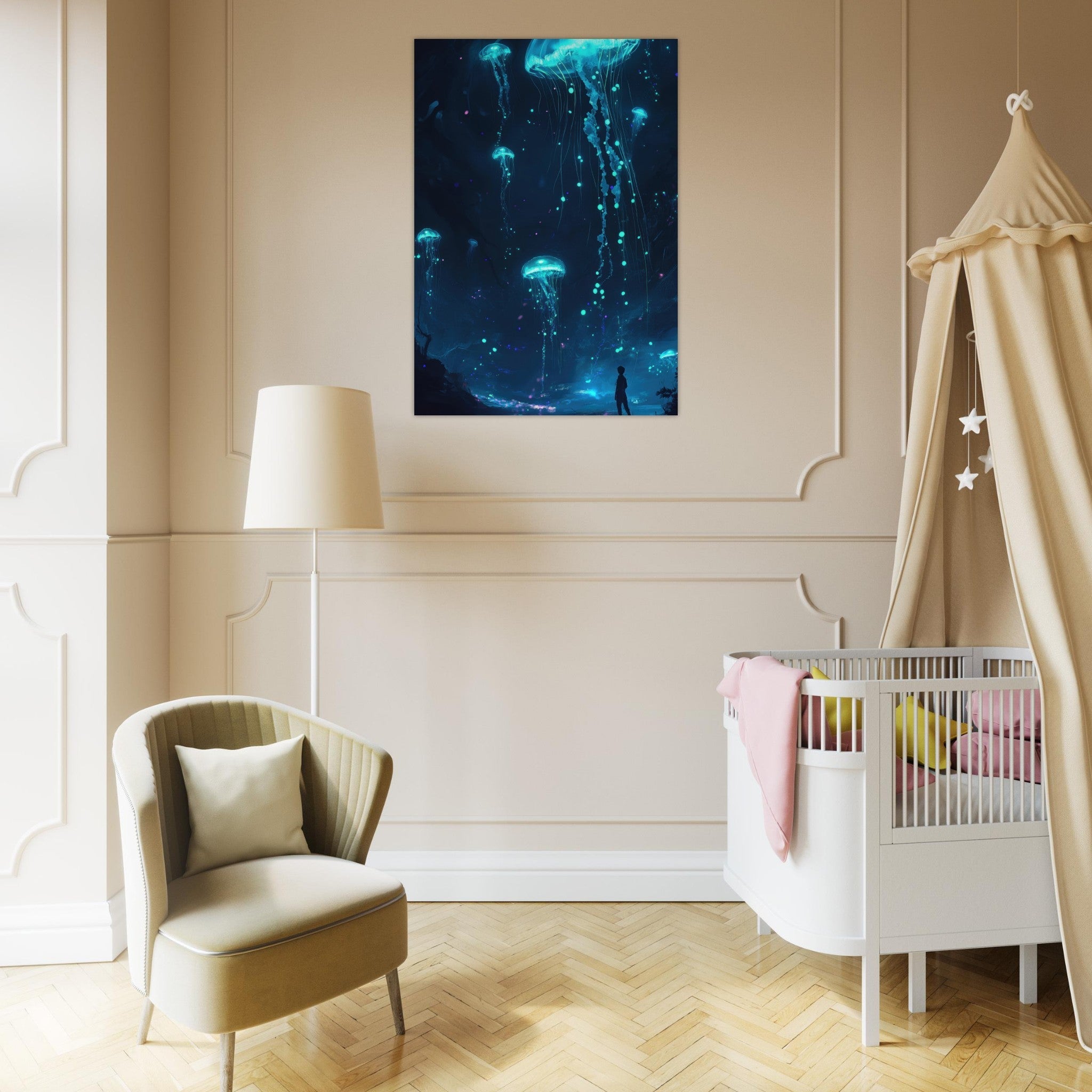 Aluminum Print Portrait - Glowing Bioluminescent Jellyfish in the Deep Tea - Shop Ai Art WebShop - Digital Art online Store