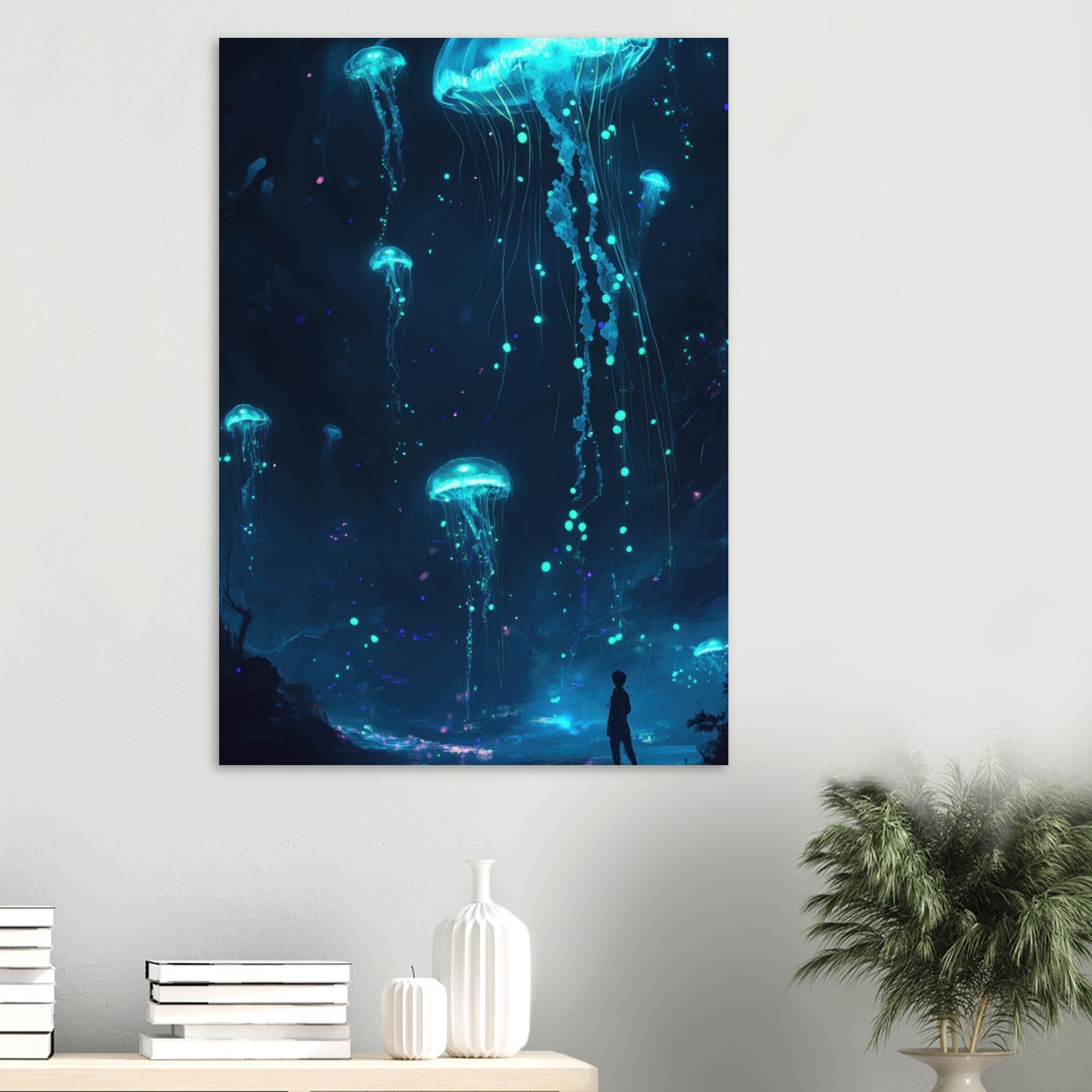 Aluminum Print Portrait - Glowing Bioluminescent Jellyfish in the Deep Tea - Shop Ai Art WebShop - Digital Art online Store