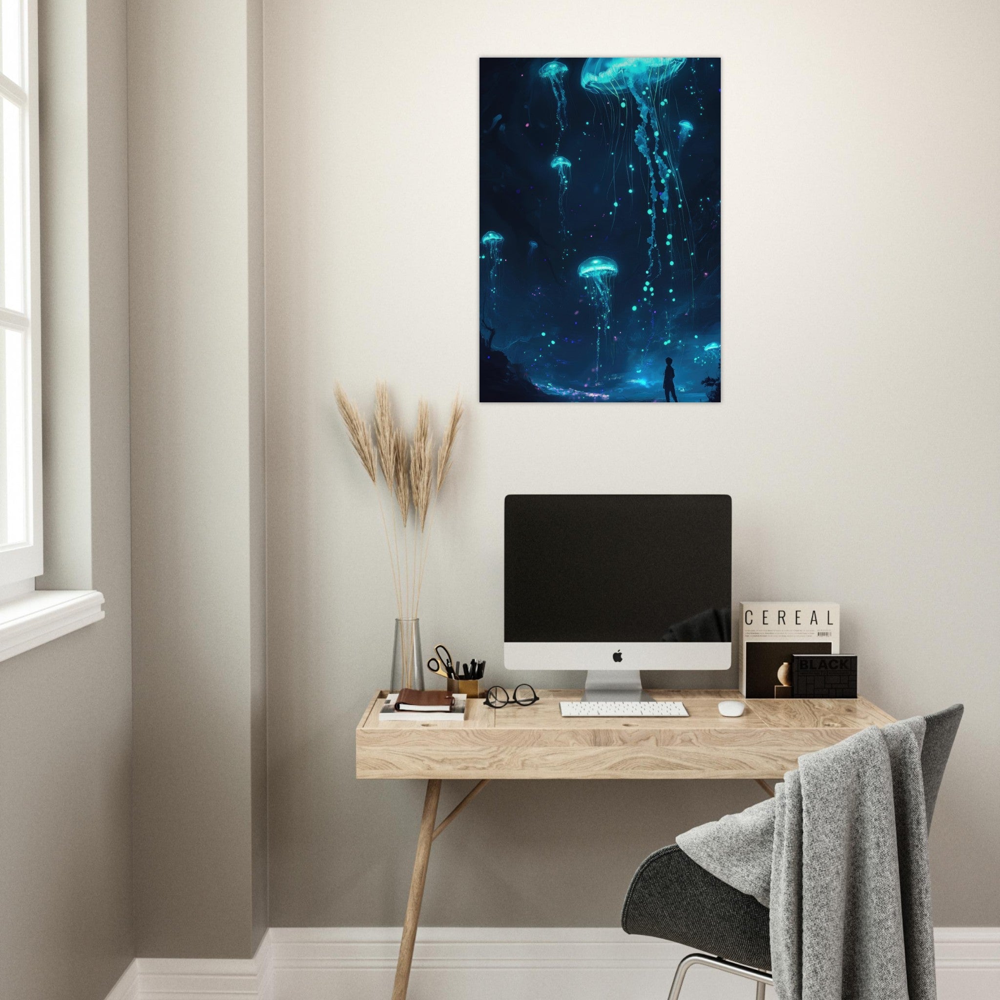 Aluminum Print Portrait - Glowing Bioluminescent Jellyfish in the Deep Tea - Shop Ai Art WebShop - Digital Art online Store