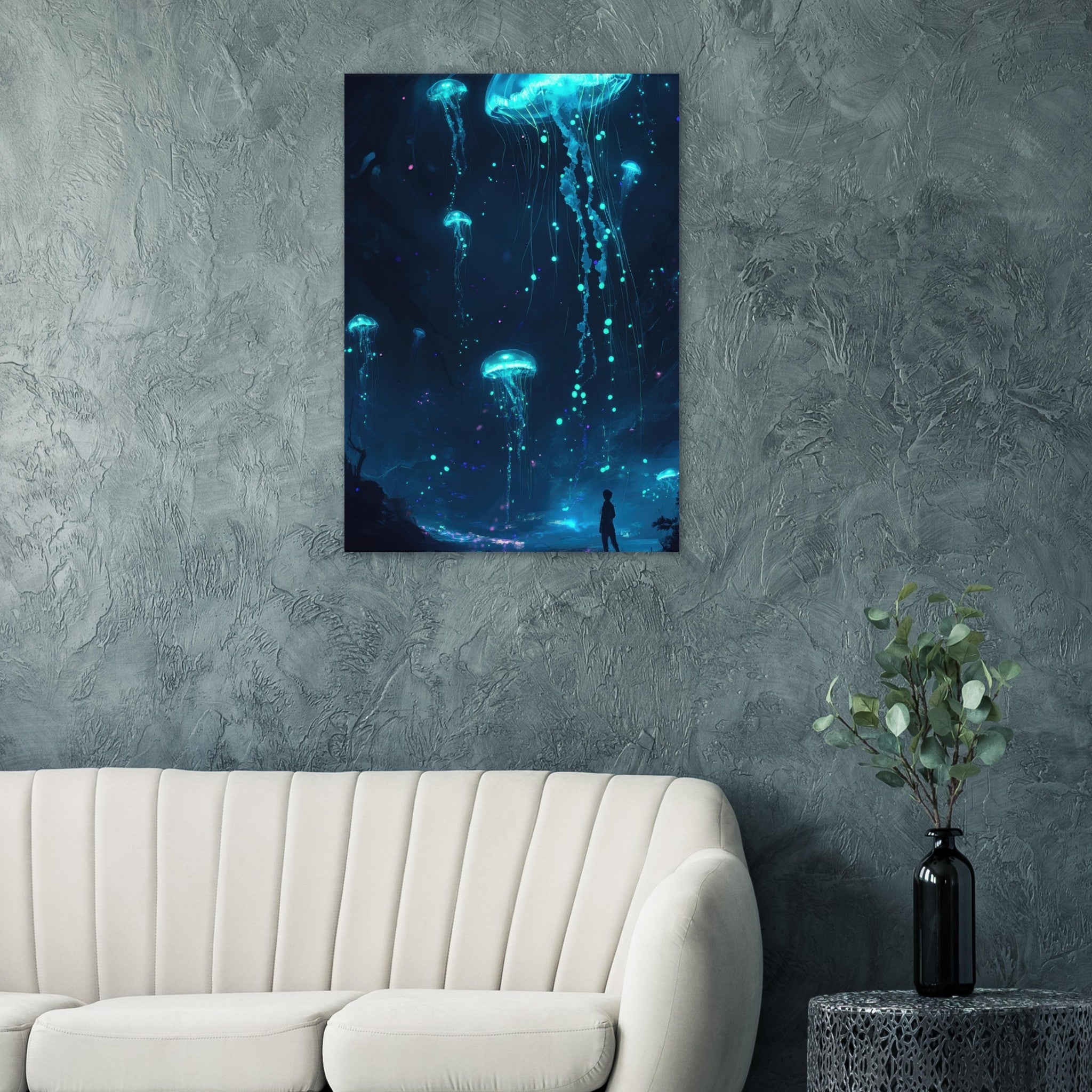 Aluminum Print Portrait - Glowing Bioluminescent Jellyfish in the Deep Tea - Shop Ai Art WebShop - Digital Art online Store