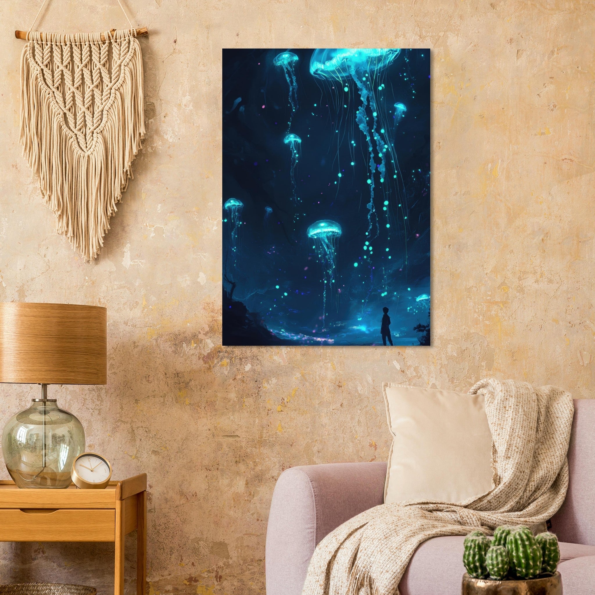 Aluminum Print Portrait - Glowing Bioluminescent Jellyfish in the Deep Tea - Shop Ai Art WebShop - Digital Art online Store