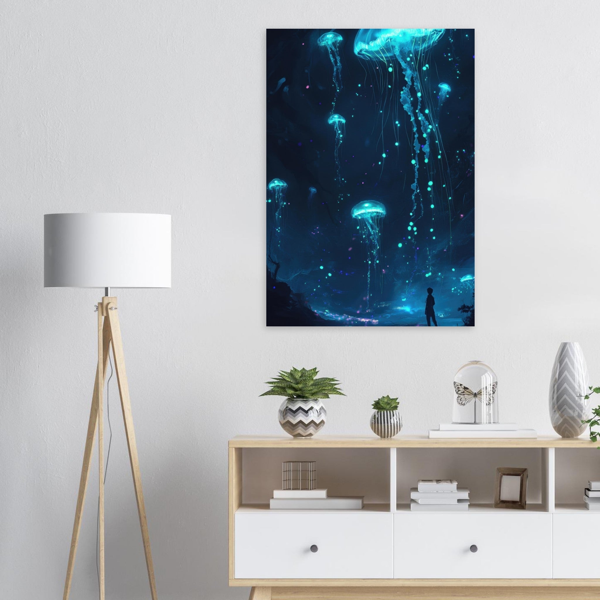 Aluminum Print Portrait - Glowing Bioluminescent Jellyfish in the Deep Tea - Shop Ai Art WebShop - Digital Art online Store