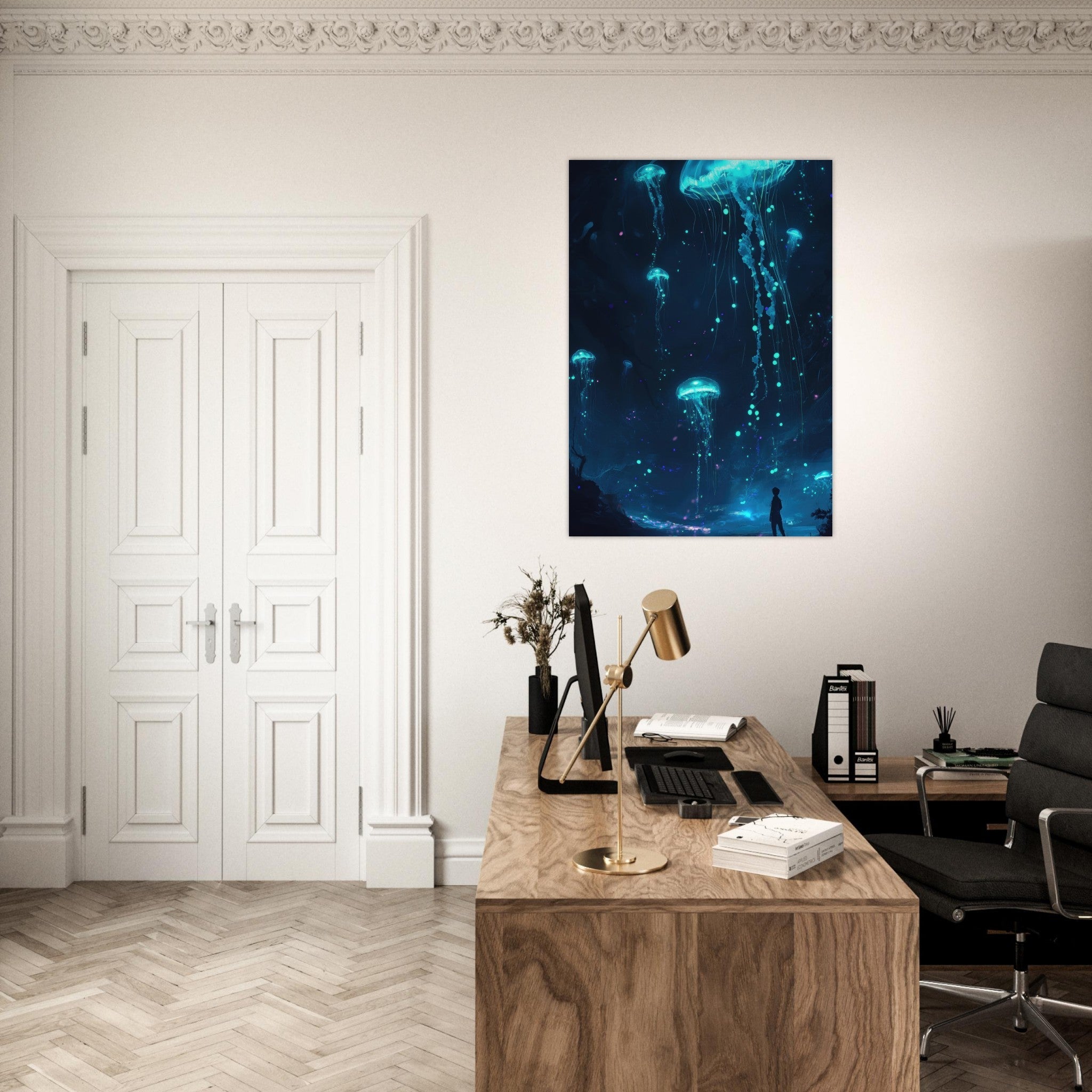 Aluminum Print Portrait - Glowing Bioluminescent Jellyfish in the Deep Tea - Shop Ai Art WebShop - Digital Art online Store
