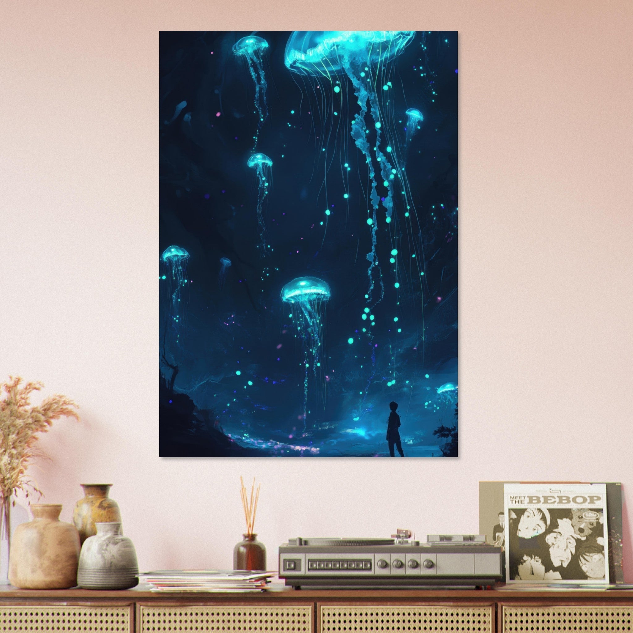 Aluminum Print Portrait - Glowing Bioluminescent Jellyfish in the Deep Tea - Shop Ai Art WebShop - Digital Art online Store