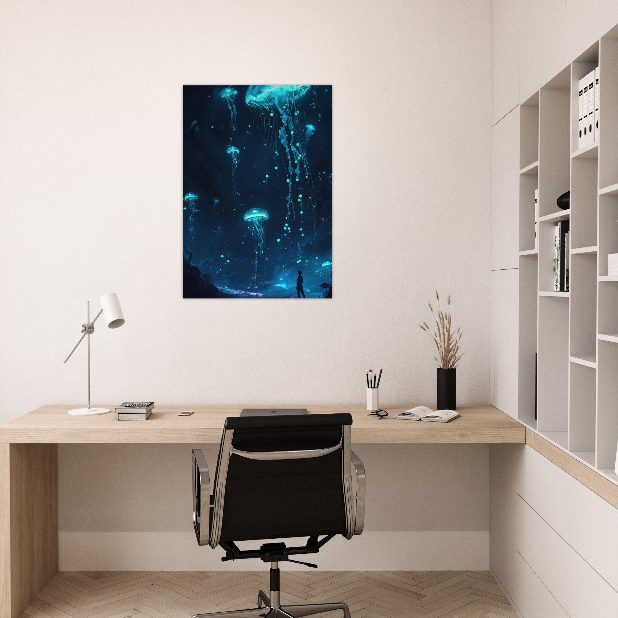 Aluminum Print Portrait - Glowing Bioluminescent Jellyfish in the Deep Tea - Shop Ai Art WebShop - Digital Art online Store
